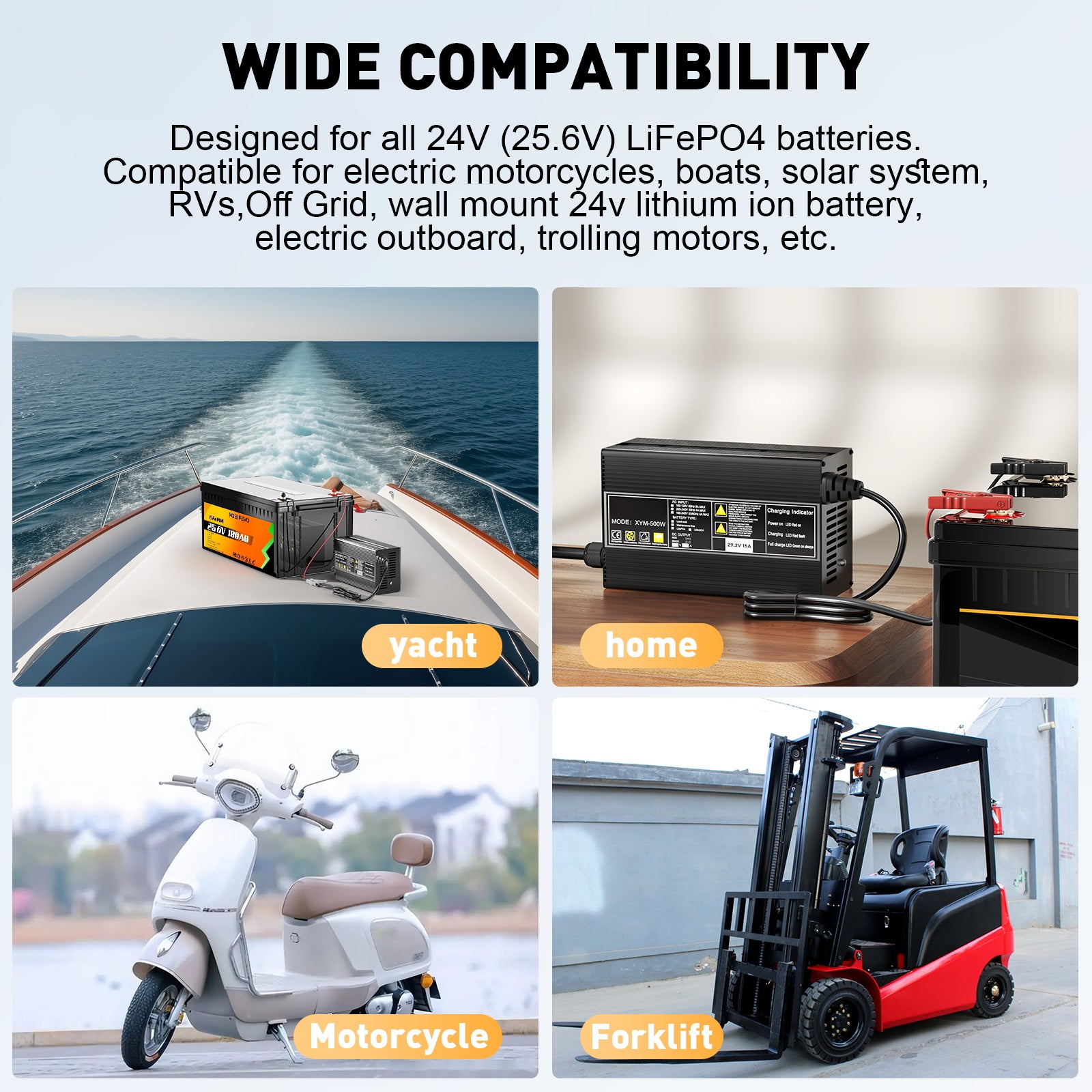 Noeifevo 29.2V 15A LiFePO4 carregador de bateria para bateria de lítio 24V 25.6V, ativação 0V BMS, desligamento automático com proteção total