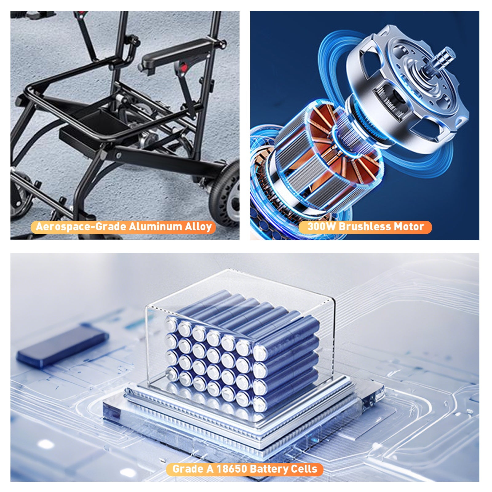 Elektrorollstuhl – 13.6kg,300W Motor, abnehmbarer Lithium-Akku, elektromagnetische Bremse, 100kg Tragkraft,Leicht Rollstuhl Elektrisch Faltbar ideal für Reisen & Alltag