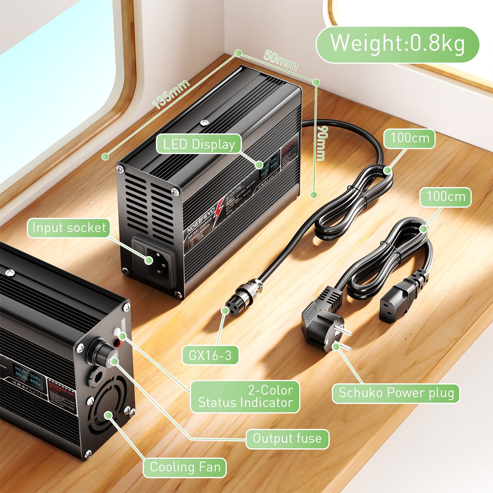 NOEIFEVO 58.4V 2A LiFePO4 batteriladdare för 16S 48V 51.2V LiFePO4-batteri, med LCD-display, kylfläkt, automatisk avstängning