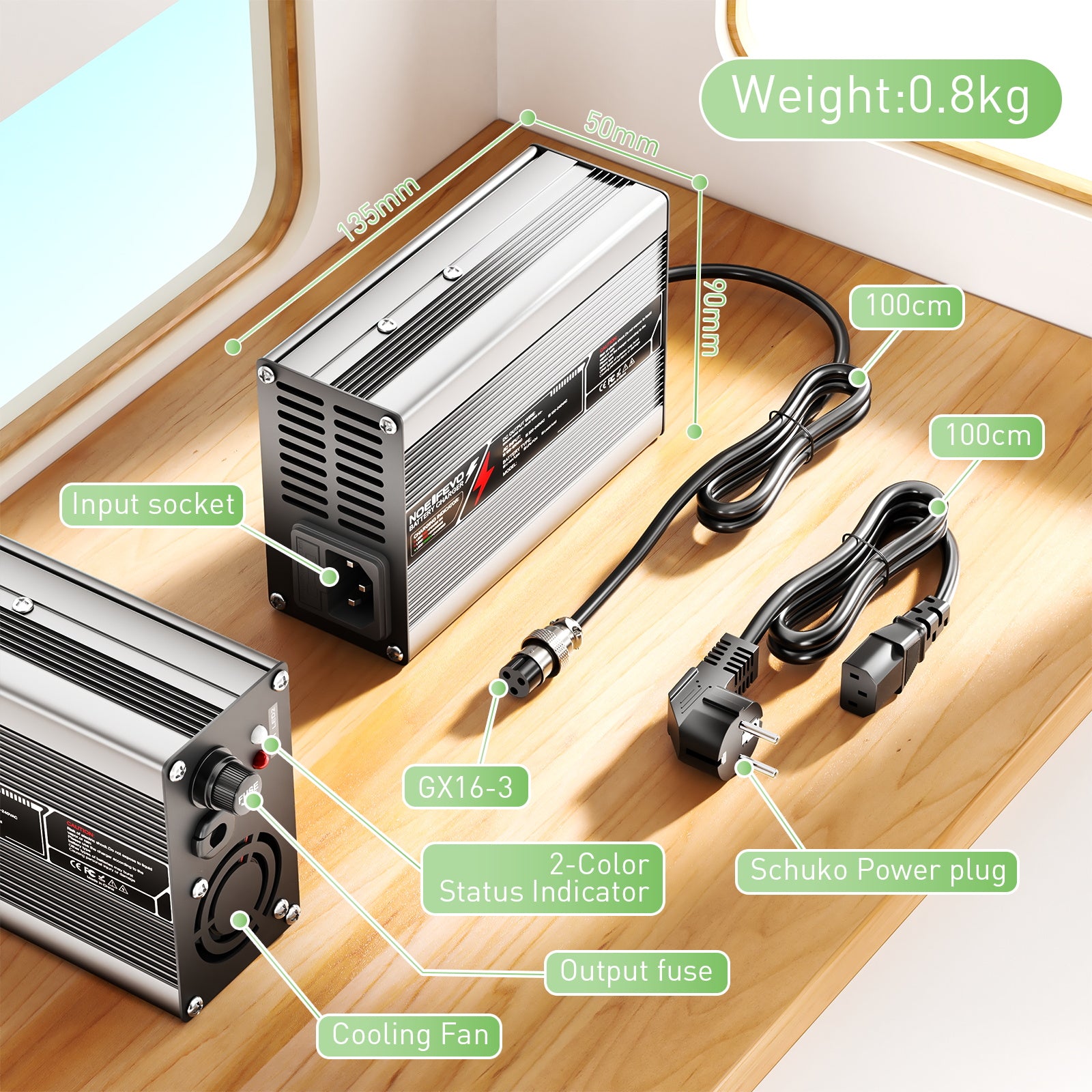 NOEIFEVO Cargador de batería de plomo-ácido 55.2V-58.8V 2.5A 3A para batería de plomo-ácido de 48V, ventilador de enfriamiento, apagado automático