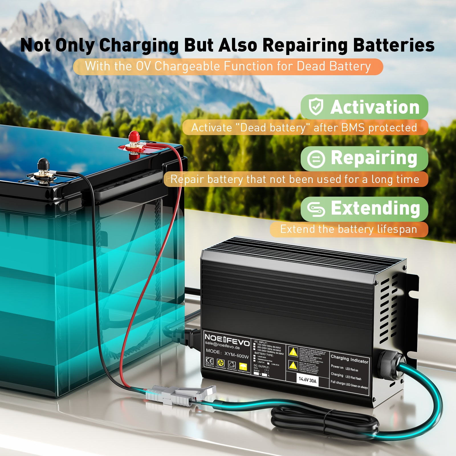 Noeifevo 12 V 12,8 V 30 A Ładowarka akumulatorów litowo-żelazowo-fosforanowych , napięcie ładowania 14,6 V, aktywacja BMS 0 V, automatyczne wyłączanie, obudowa aluminiowa