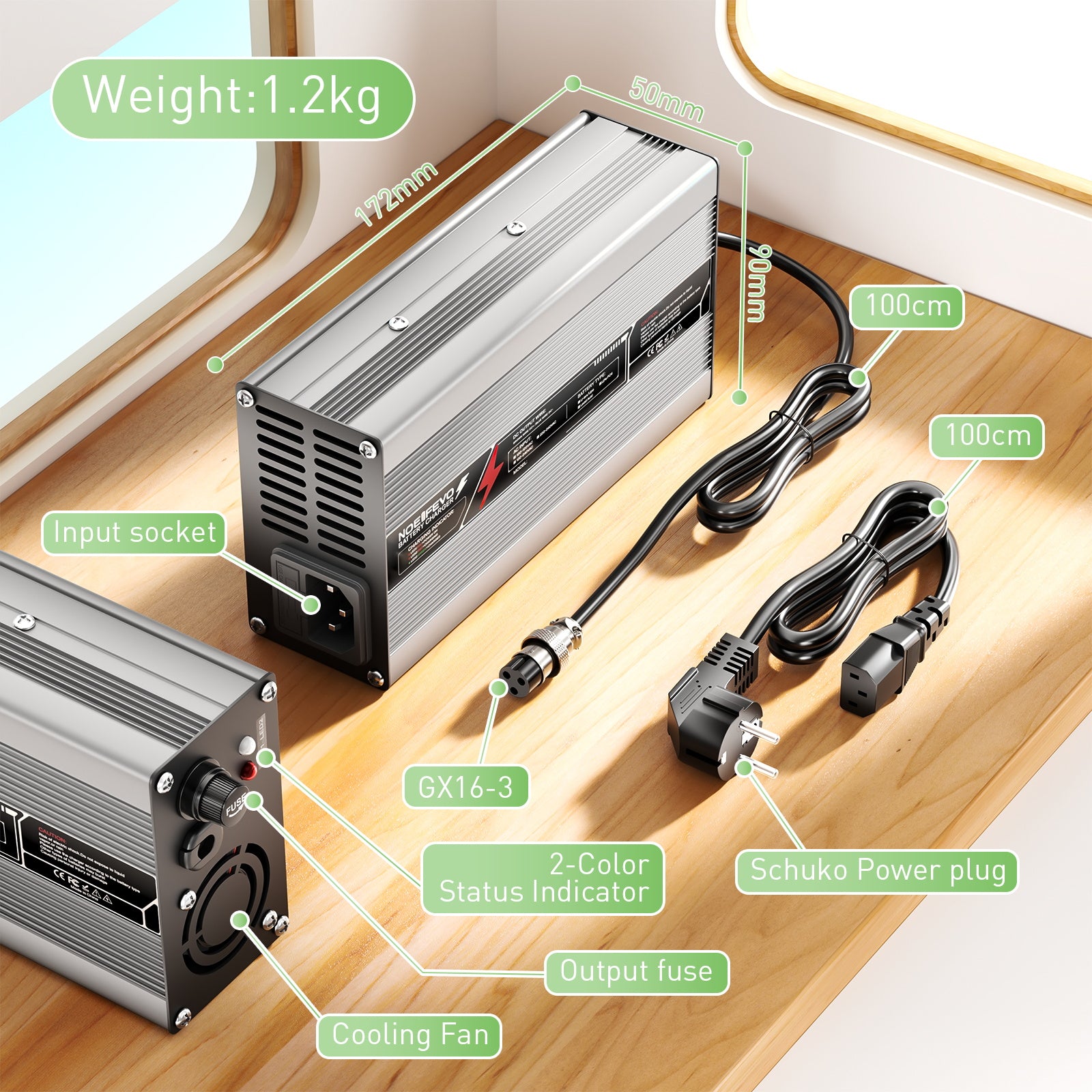 NOEIFEVO 87,6V 5A cargador de baterías LiFePO4 para batería de 76,8V 24S, apagado automático, carcasa de aluminio, con ventilador (plateado).