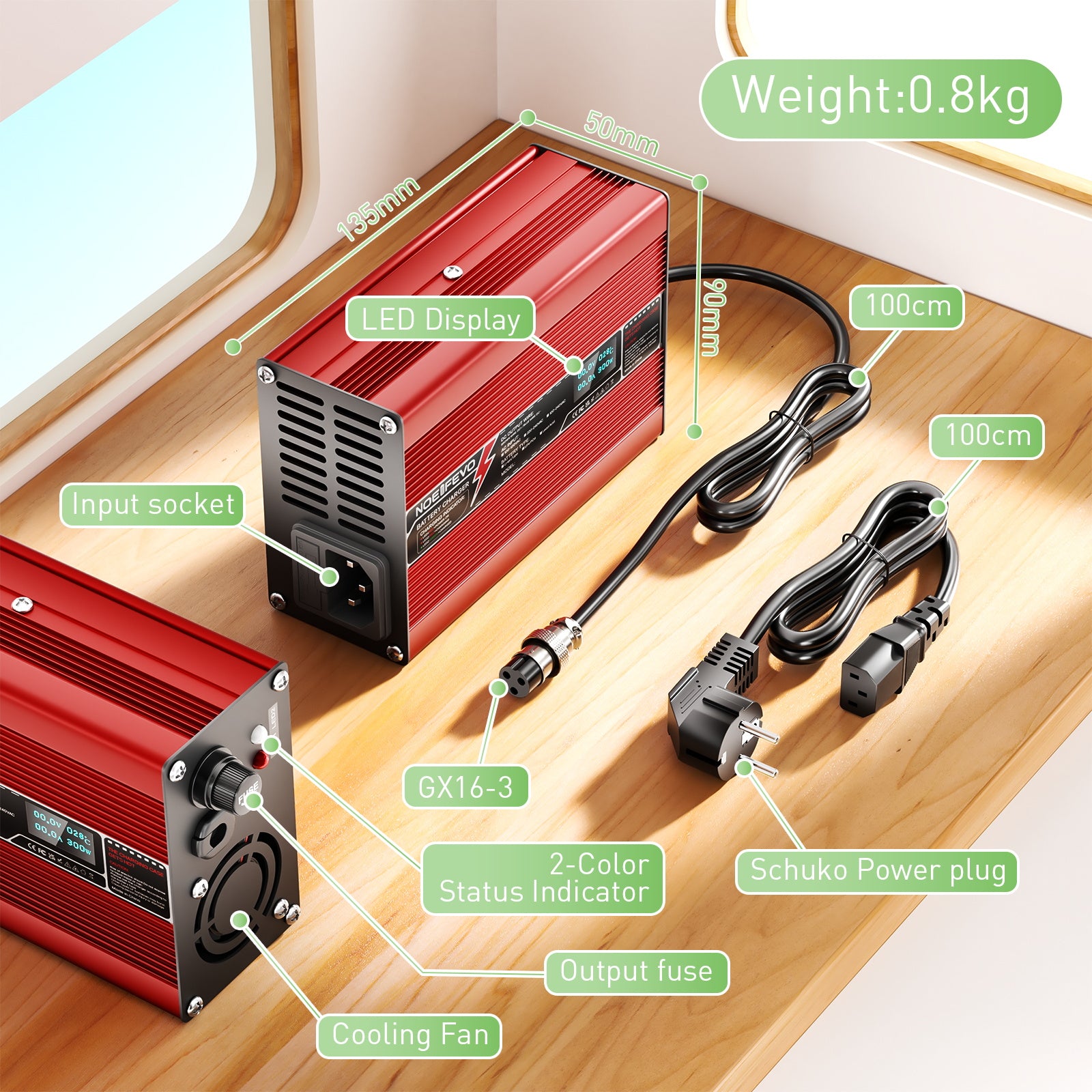 NOEIFEVO 27.6V-29.4V 5A Loodzuur Batterijlader voor 24V Loodzuurbatterij, Koelventilator, Automatische Uitschakeling (ROOD).