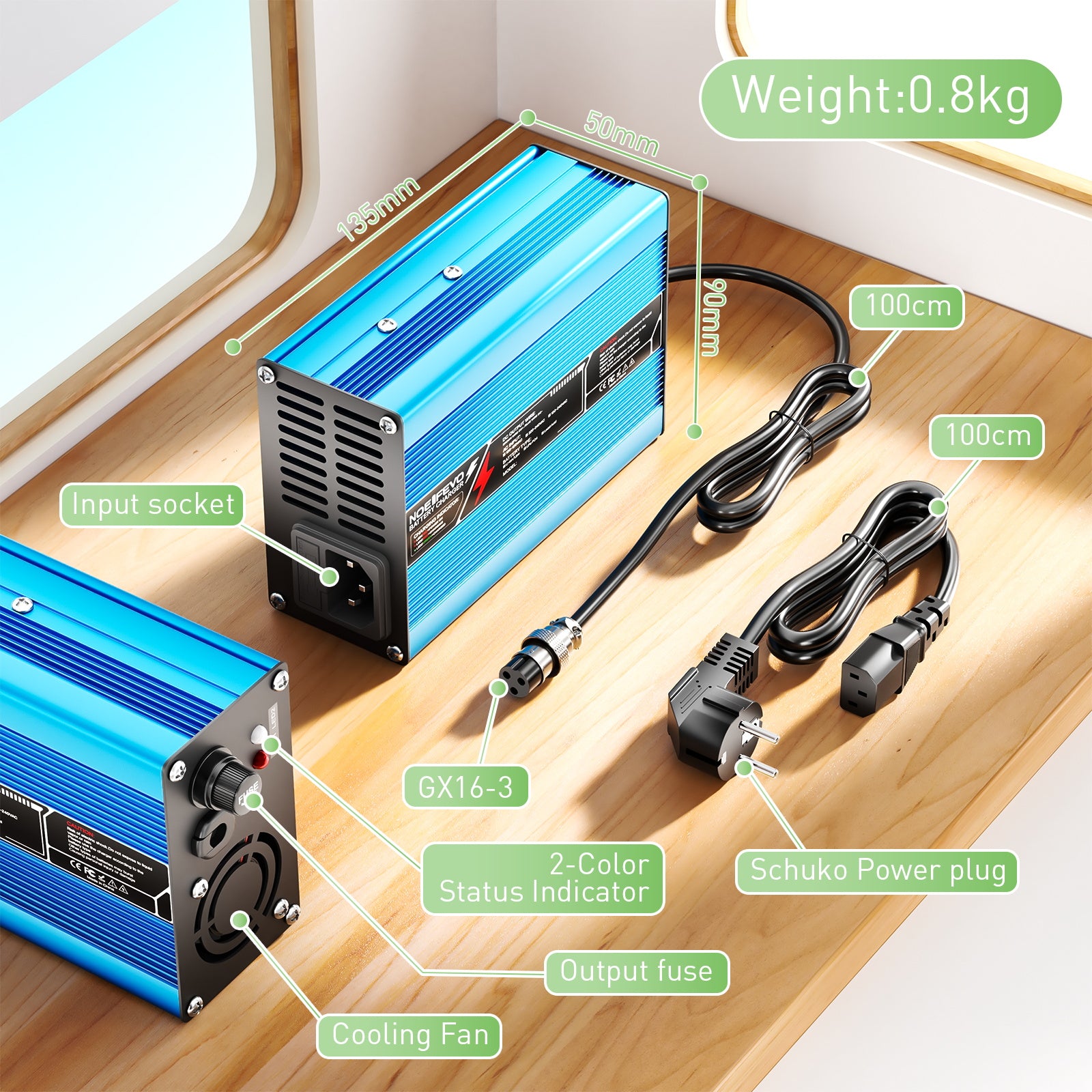 NOEIFEVO 42V 2A 3A 3.5A 4A lithium-oplader voor 10S 37V Li-Ion Lipo-batterijen, koelventilator, automatische uitschakeling (BLAUW)