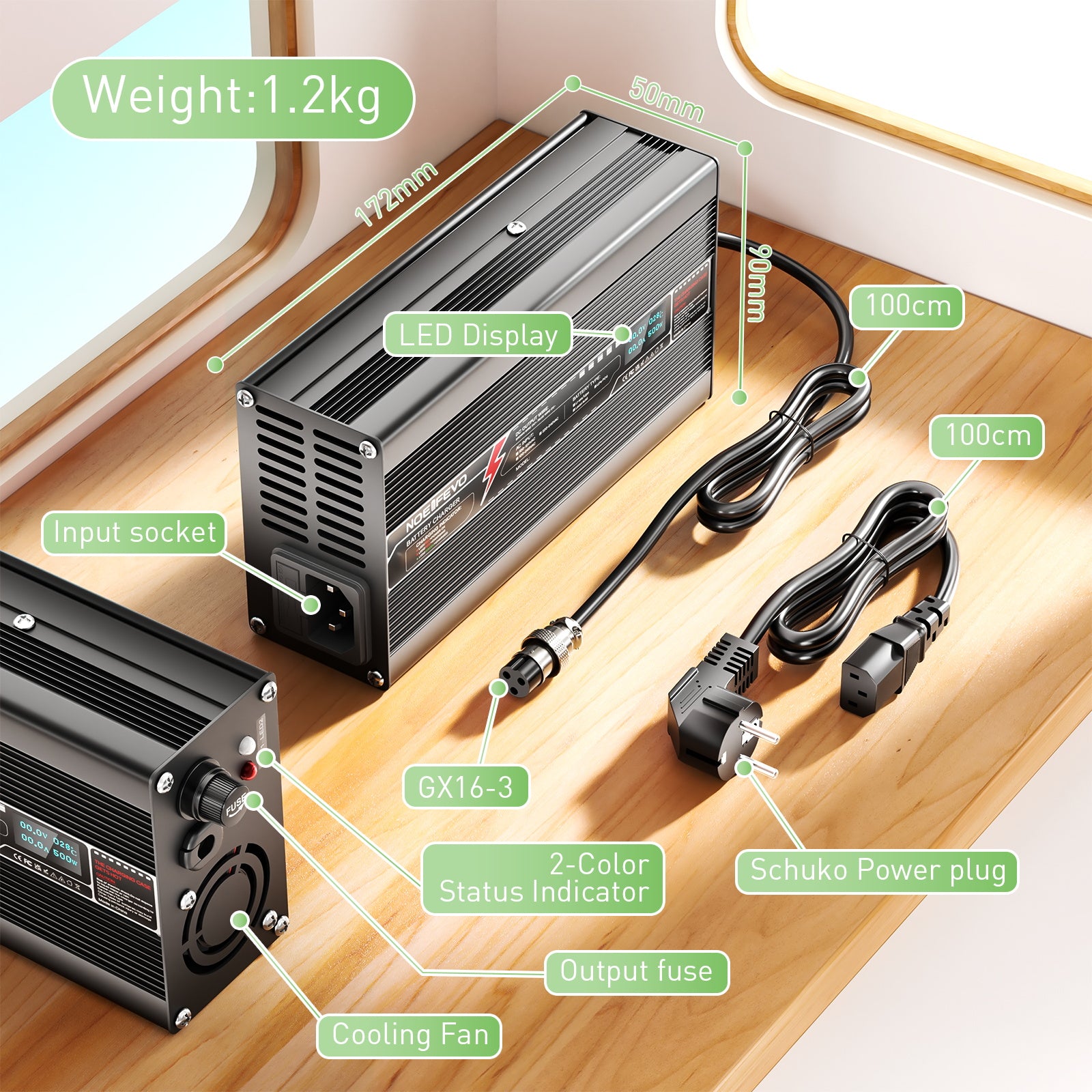 NOEIFEVO 54.6V 8A Lithium-oplader til 13S 48.1V batteri, LED-display, aluminiumsgehus, ventilator