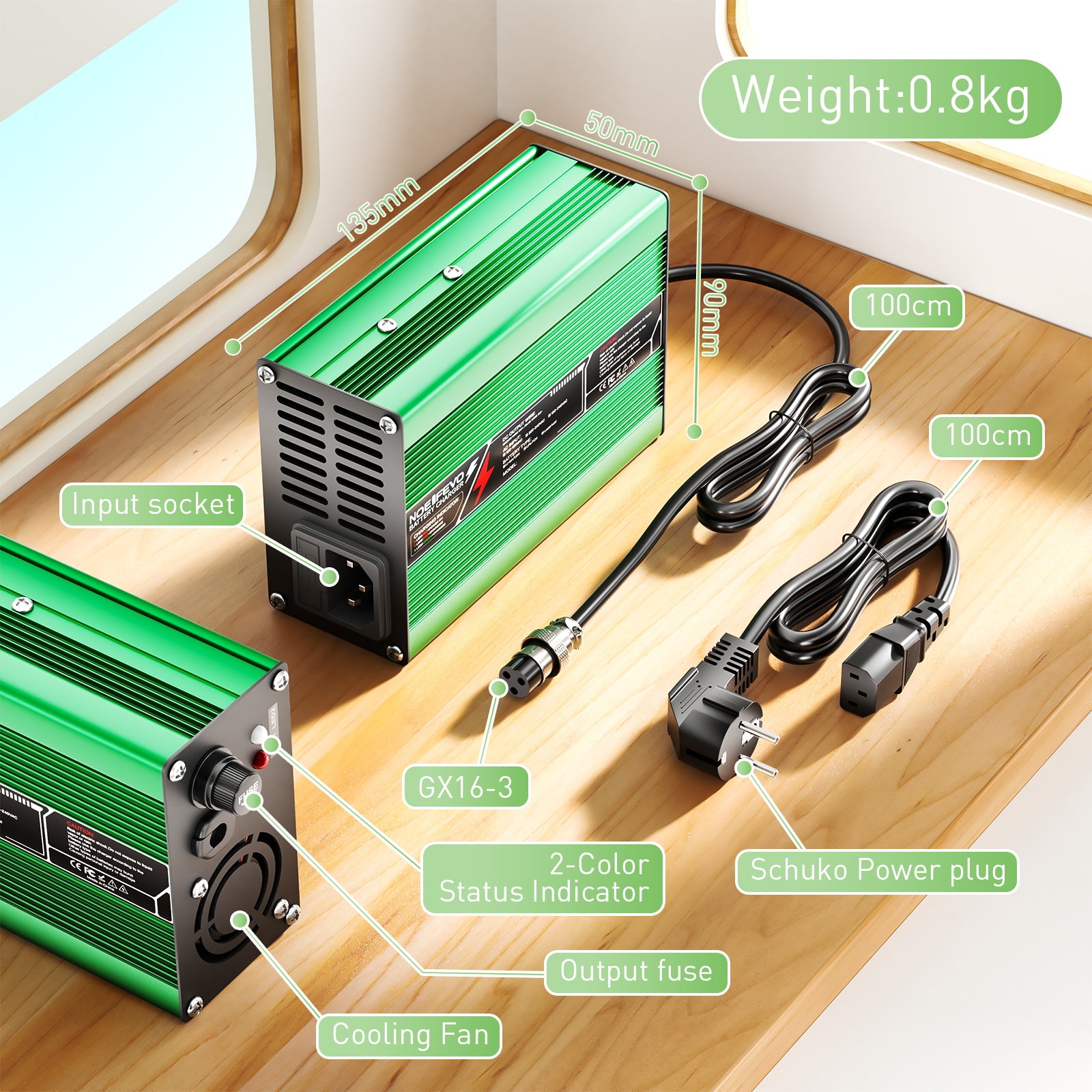 NOEIFEVO 37,8V 2A 3A 3.5A 4A lithium nabíječka pro 9S 33,3V Li-Ion Lipo baterie, chladicí ventilátor, automatické vypnutí (ZELENÁ)