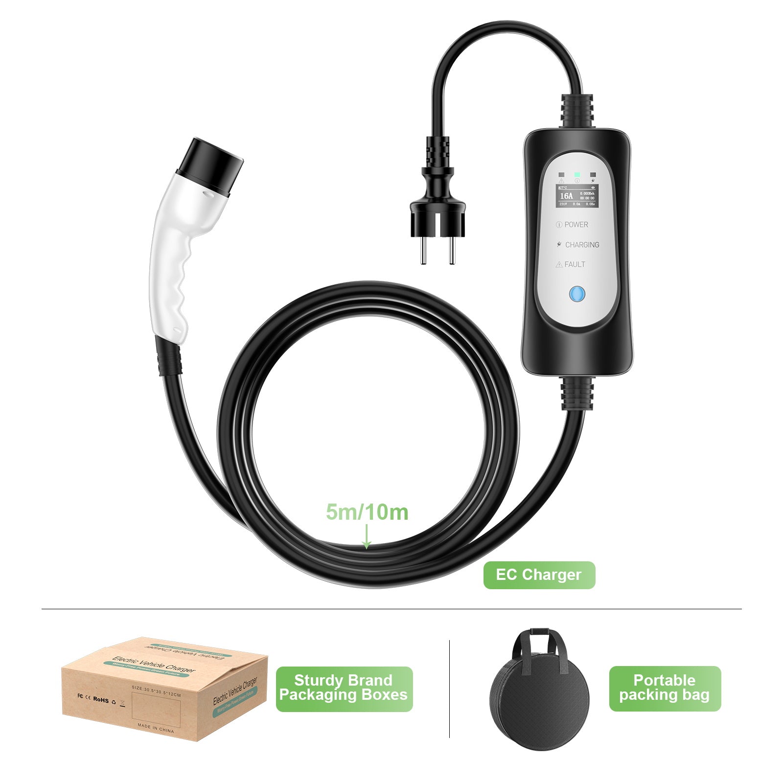 Bærbar 3,6KW 16A EV-oplader, 5/10 meter Mobil Type2/Type1 til Schuko EV-ladekabel