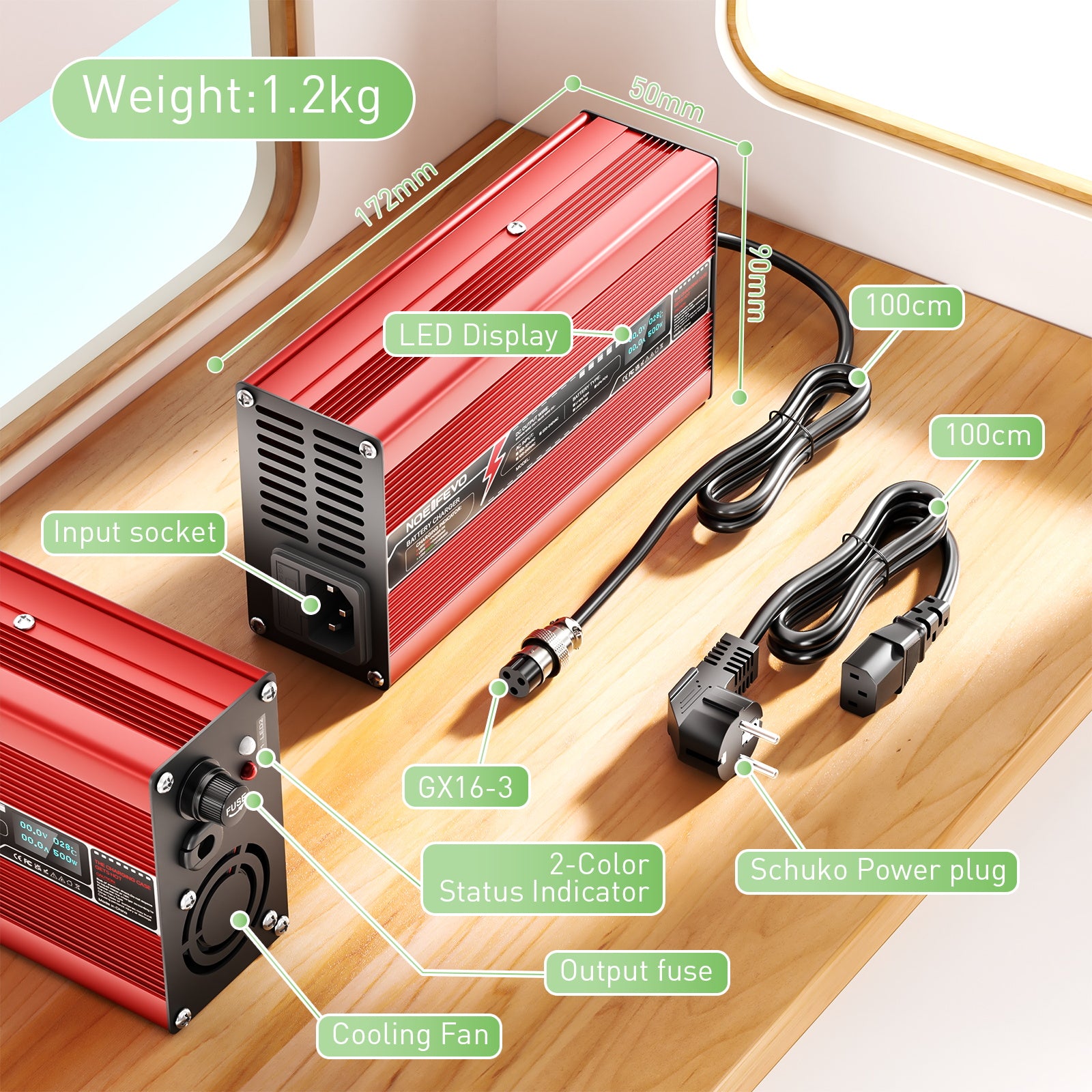 LiFePO4 NOEIFEVO 87,6 V 5A akumulatorów Ładowarka  do LiFePO4 76,8 V 24S  akumulatorów, automatyczne wyłączanie, wyświetlacz OLED, obudowa aluminiowa, z wentylatorem