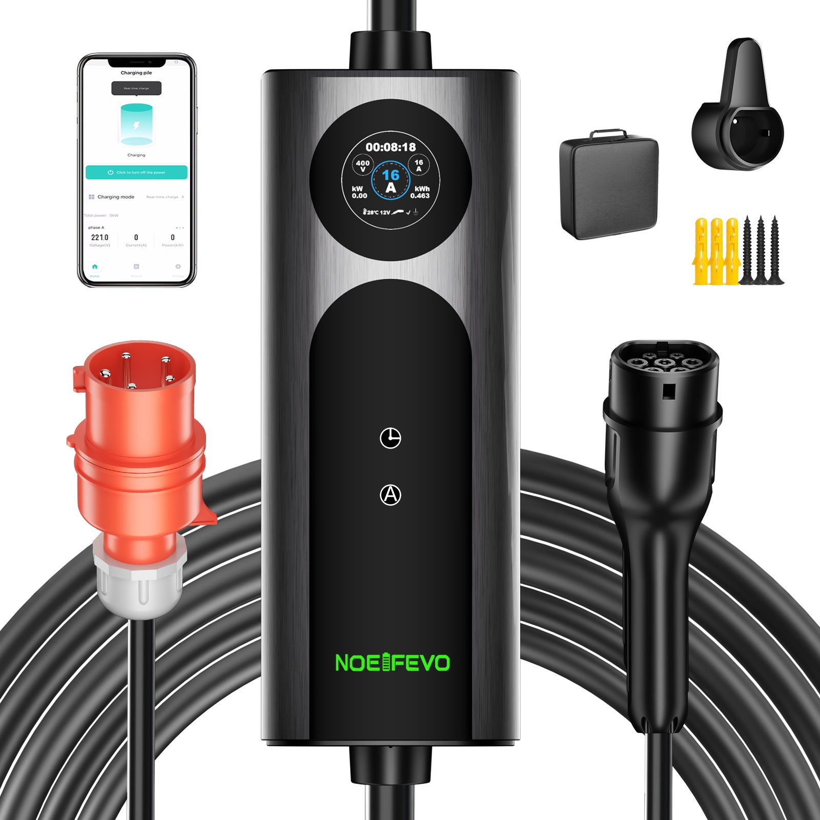 NOEIFEVO Q21W Wlan coche eléctrico Cargador móvil Wallbox 11kW con APP mando a distancia ,5m/10m Tipo2 CEE16A cable de carga trifásico 