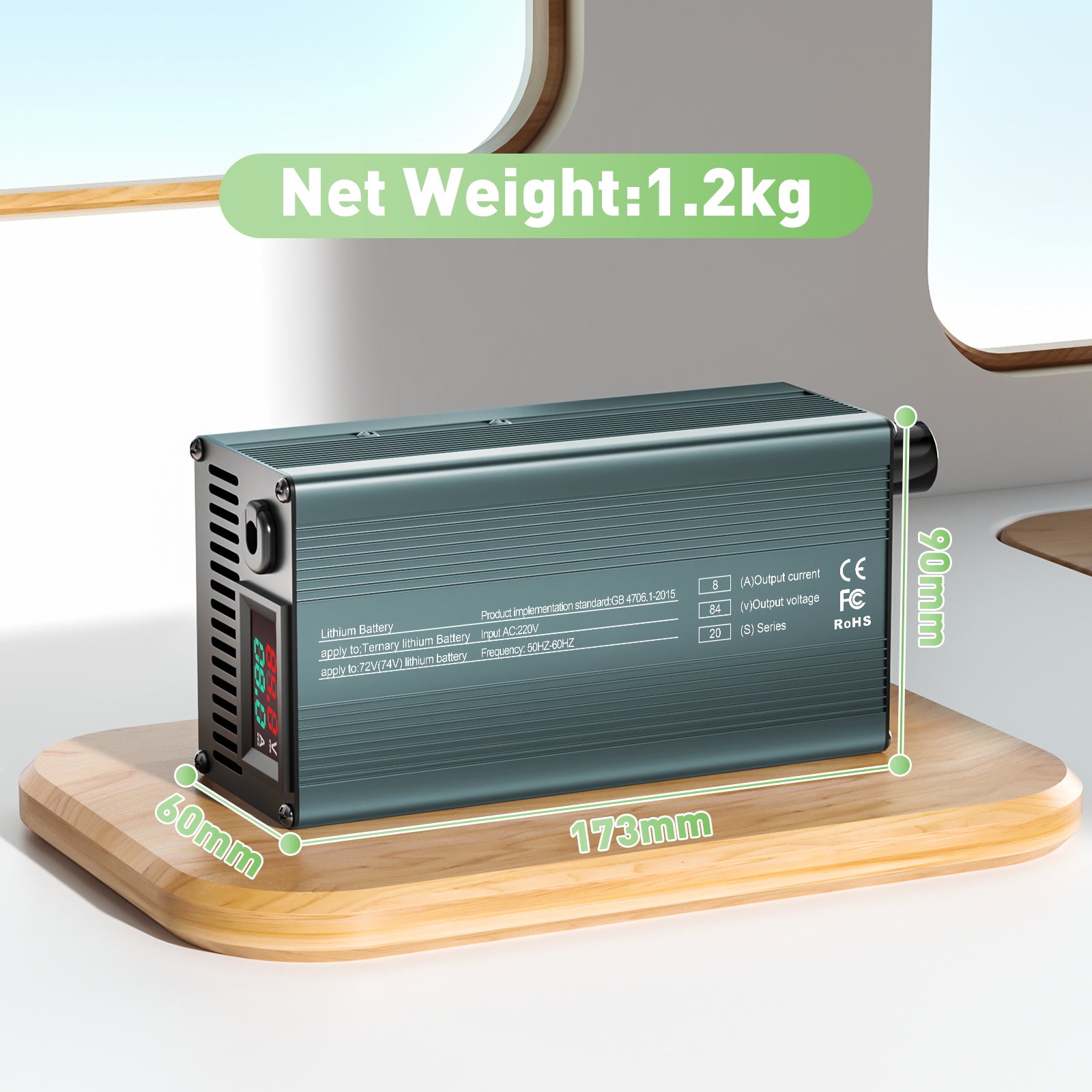 NOEIFEVO 84V 8A 20S Lithiumbatterij Oplader, Uitgangsspanning 74V, Stroominstelling 1–8A, Langzaam en snel opladen (MLC1300)