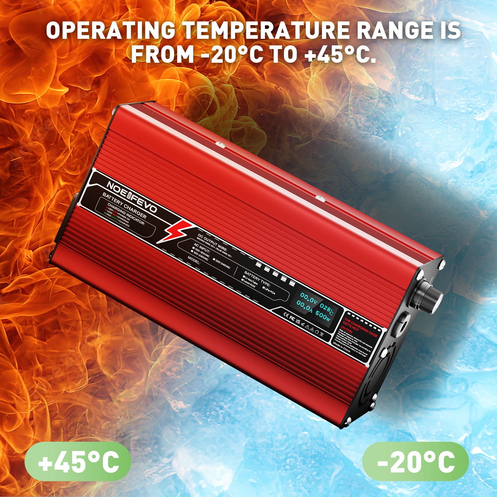 NOEIFEVO 58.4V 8A LiFePO4-Batterioplader til 51.2V 16S LiFePO4-batterier, automatisk slukning, OLED-display, aluminiumhus, med blæser