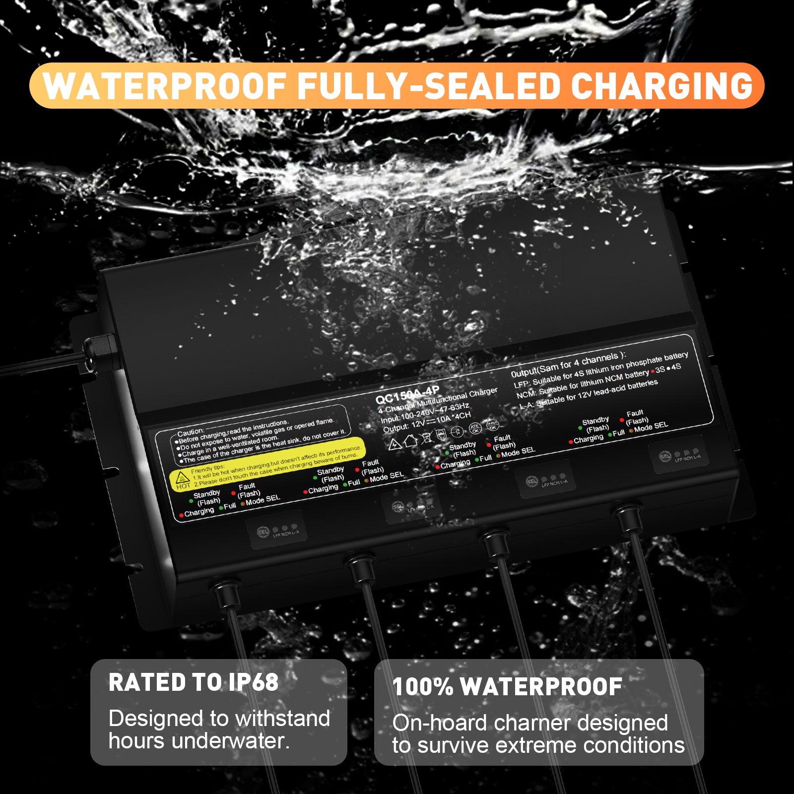 NOEIFEVO מטען סוללה אוניברסלי 12V 40A 4 בנקים (10A/בנק), מטען עמיד במים 12V LiFePO4 סוללה ליתיום-עופרת עבור קרוואן, סירה, אופנוע, מכסחת דשא, מנוע טרולינג וסוללת עופרת-חומצ