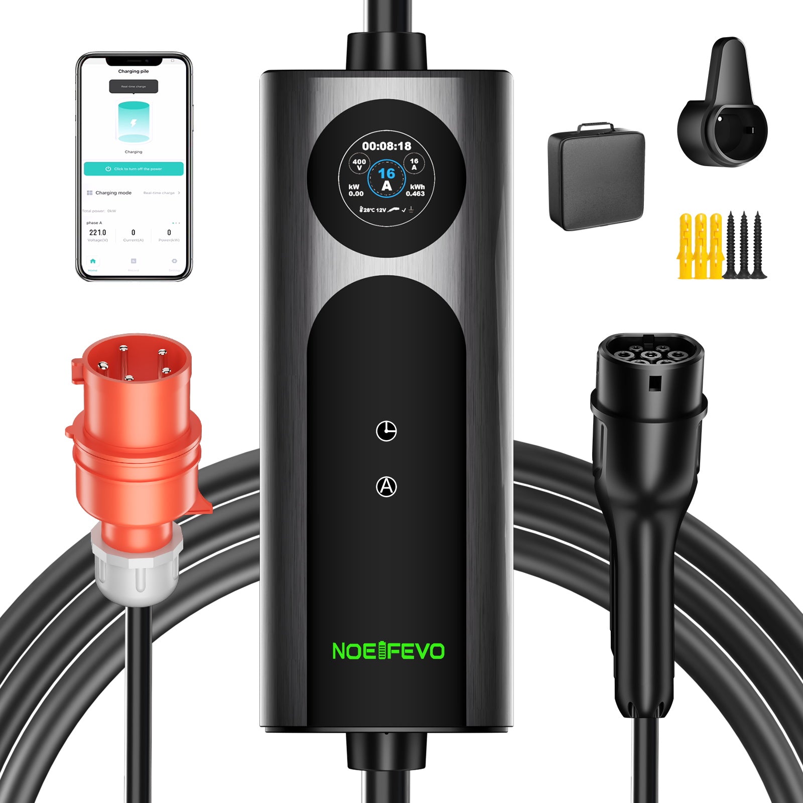 NOEIFEVO Q21W Wlan coche eléctrico Cargador móvil Wallbox 11kW con APP mando a distancia ,5m/10m Tipo2 CEE16A cable de carga trifásico 