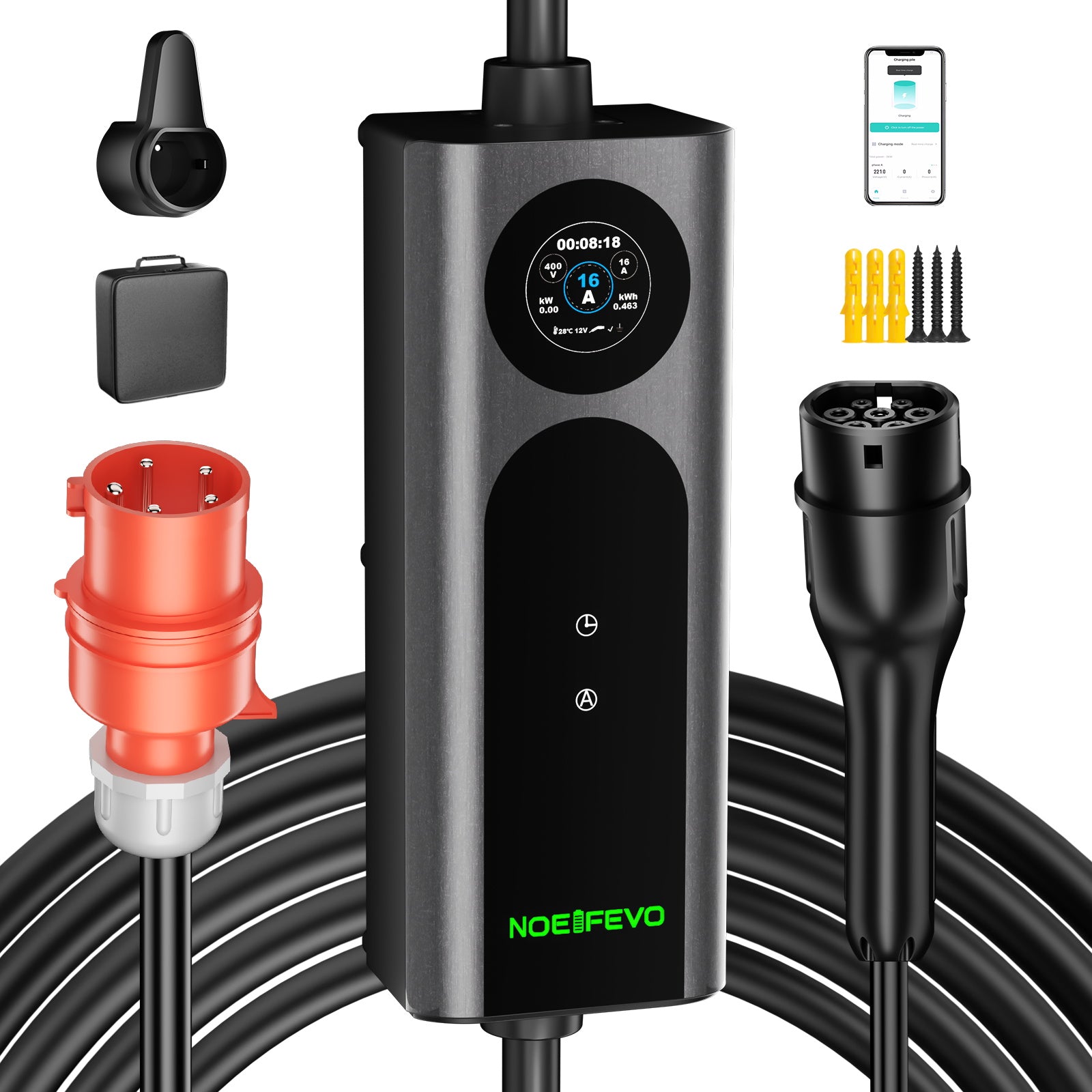 Noeifevo Wallbox EV Móvil Tipo 2, Cargador EV de 11KW 3-fases CEE16A con Potencia de Carga Ajustable, Cable de Carga EV de 5m/10m/15m para Model Y/3, ID.3/4/5, MG4, EX30, e-up, e-tron, Zoe y otros EV.

