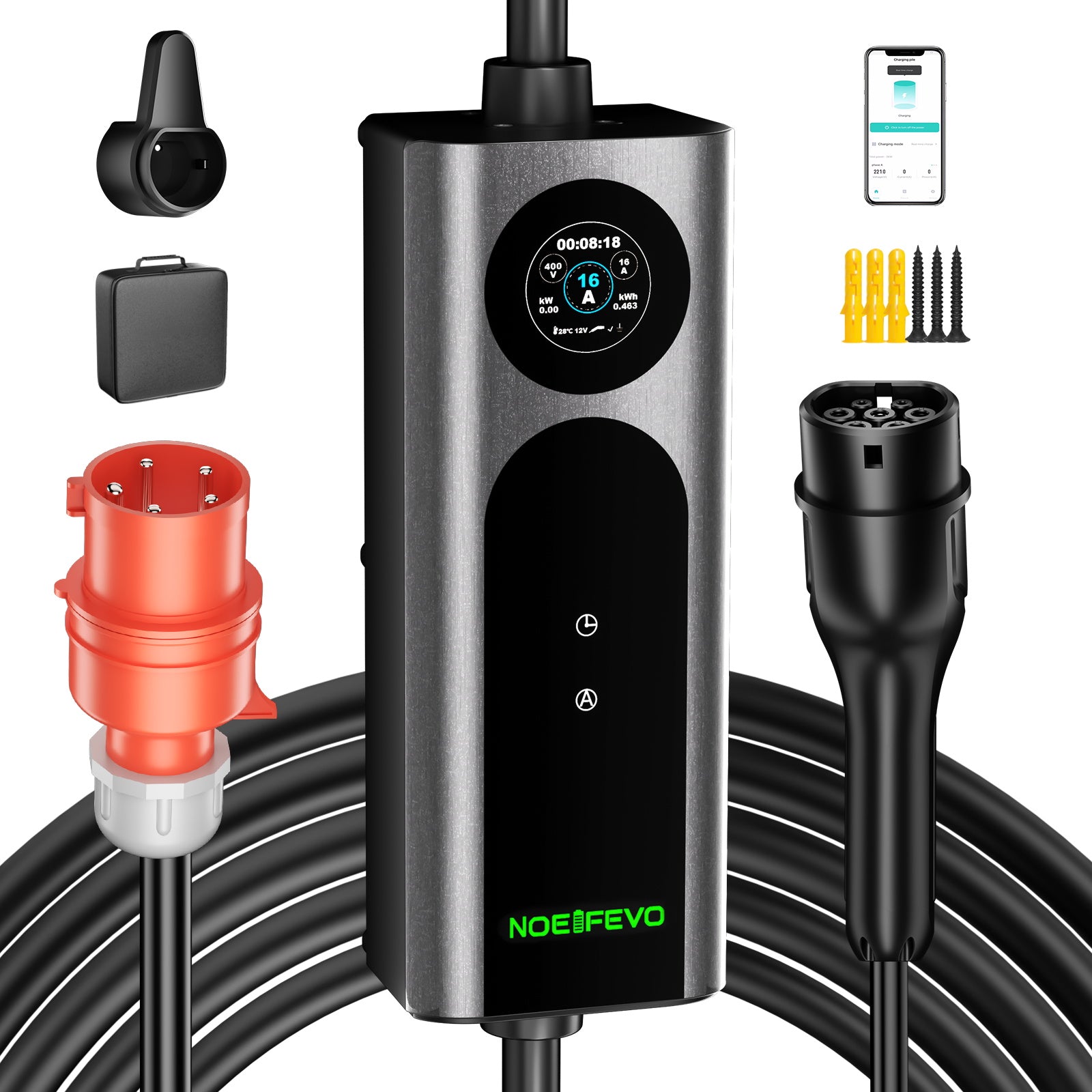 NOEIFEVO Q21W Wlan coche eléctrico Cargador móvil Wallbox 11kW con APP mando a distancia ,5m/10m Tipo2 CEE16A cable de carga trifásico 