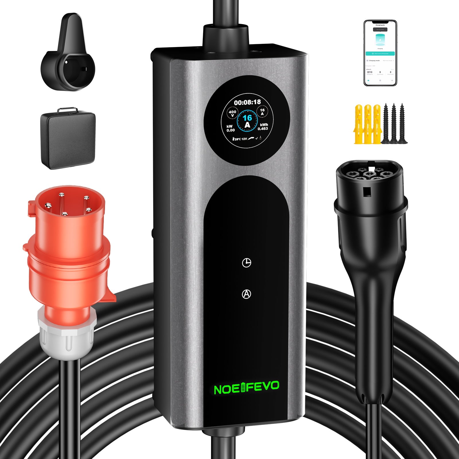 Noeifevo Wallbox EV Móvil Tipo 2, Cargador EV de 11KW 3-fases CEE16A con Potencia de Carga Ajustable, Cable de Carga EV de 5m/10m/15m para Model Y/3, ID.3/4/5, MG4, EX30, e-up, e-tron, Zoe y otros EV.
