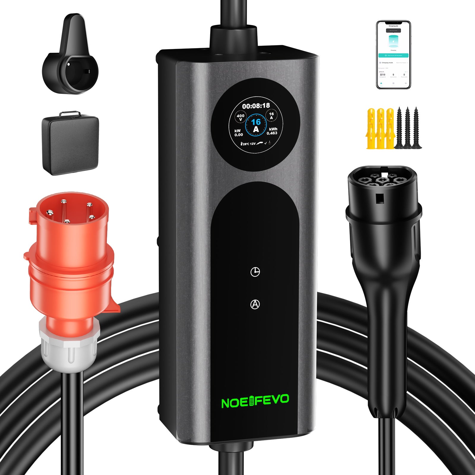 Noeifevo Wallbox EV Móvil Tipo 2, Cargador EV de 11KW 3-fases CEE16A con Potencia de Carga Ajustable, Cable de Carga EV de 5m/10m/15m para Model Y/3, ID.3/4/5, MG4, EX30, e-up, e-tron, Zoe y otros EV.
