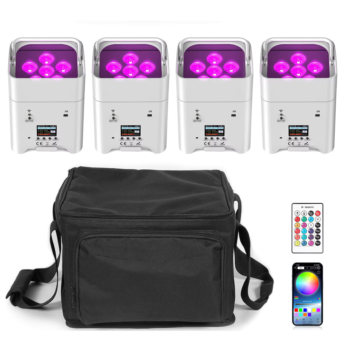 4 Stück RGBWA+UV LED Par Scheinwerfer Partybeleuchtung mit Tasche 6x18W DMX Bühnenbeleuchtung Wiederaufladbar Eingebauter Akku Kabellose Par Leuchte Farblicht