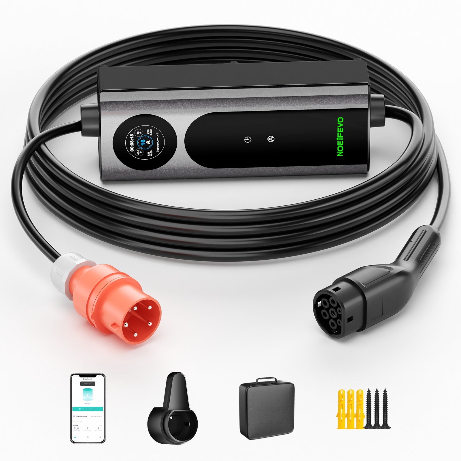 NOEIFEVO Mobile Wallbox 11kW mit APP [5m/10m | 3-phasig | 6–16 A], Ladekabel e Auto CEE-16A 400V auf Typ 2 mit Einstellbarer Ladeleistung, EV-Ladegerät für ID.3/4/5/7, IX1, Model 3/Y und andere BEV/PHEV