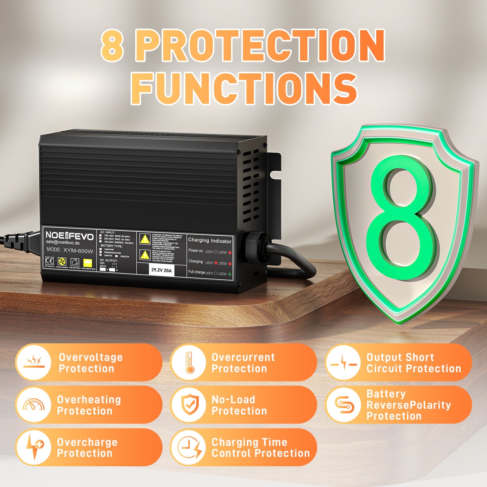 Noeifevo 29,2V 20A LiFePO4 batterioplader til 24V 25,6V lithiumbatteri, 0V BMS aktivering, automatisk nedlukning med fuld beskyttelse