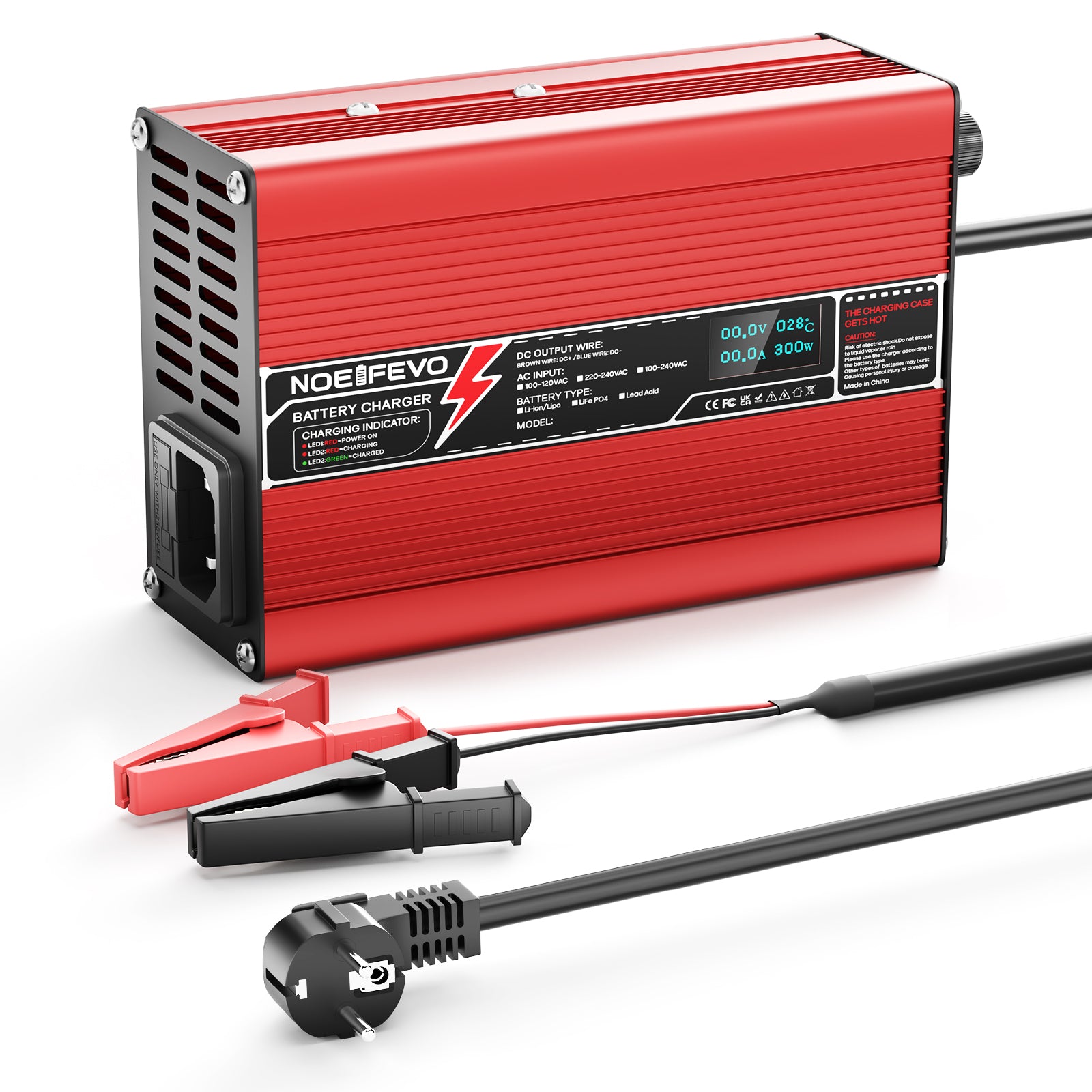 NOEIFEVO 42V 2A 3A 3.5A 4A Carregador de Bateria de Lítio para Baterias 10S 37V Li-Ion Lipo, Ventilador de Resfriamento, Desligamento Automático (Vermelho)