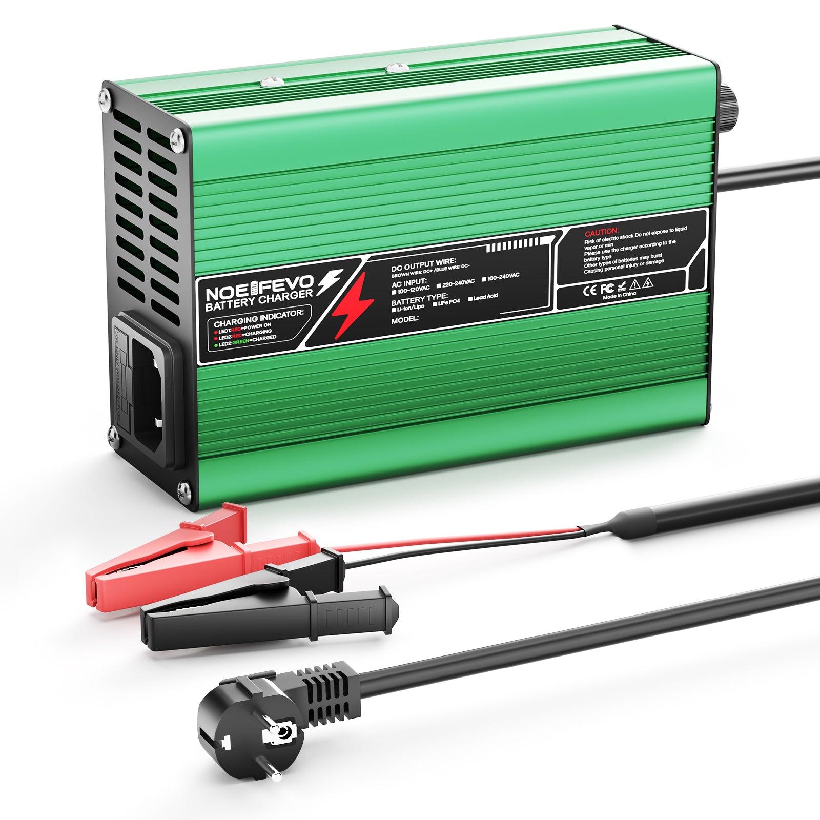 NOEIFEVO 12,6V 5A 6A 7A 8A 10A  Cargador de Litio para baterías Li-Ion Lipo 3S 11,1V, ventilador de enfriamiento, apagado automático (VERDE)