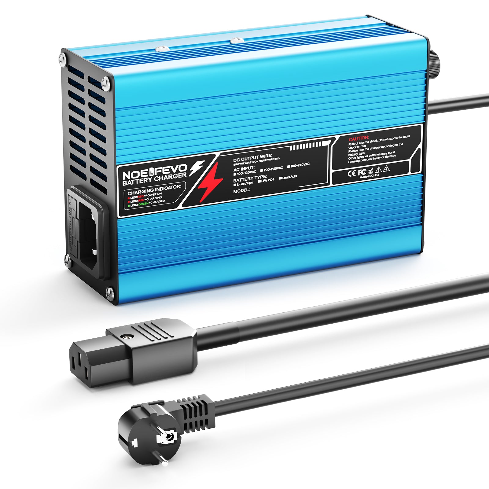 NOEIFEVO 33.6V 2A 3A 4A 5A Carregador de Lítio para Baterias Li-Ion Lipo 8S 29.6V, Ventilador de Resfriamento, Desligamento Automático (AZUL)