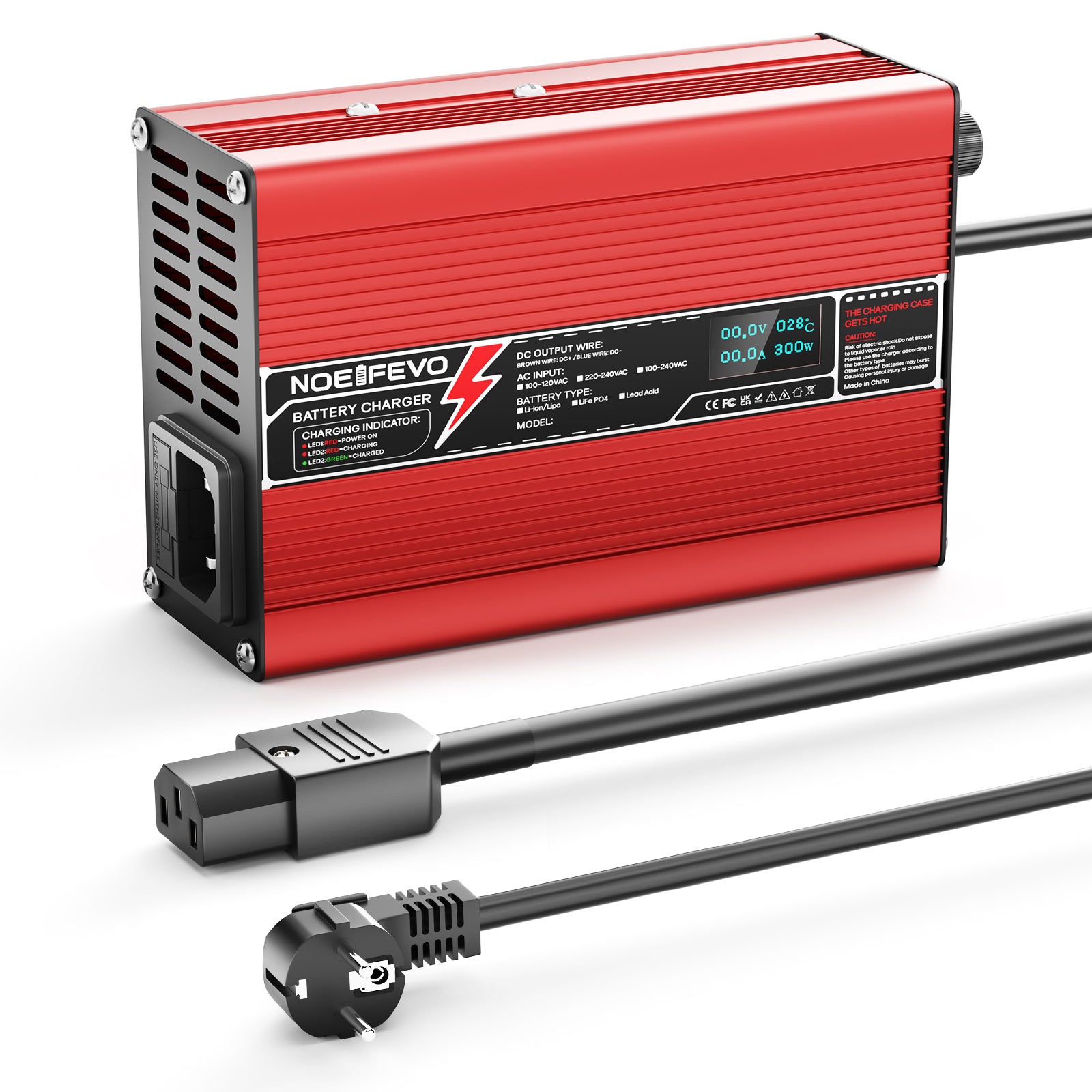 NOEIFEVO 58.8V 2A 2.5A 3A Cargador de Litio para baterías Li-Ion Lipo de 14S 51.8V, con pantalla LCD, ventilador de refrigeración, apagado automático (ROJO)