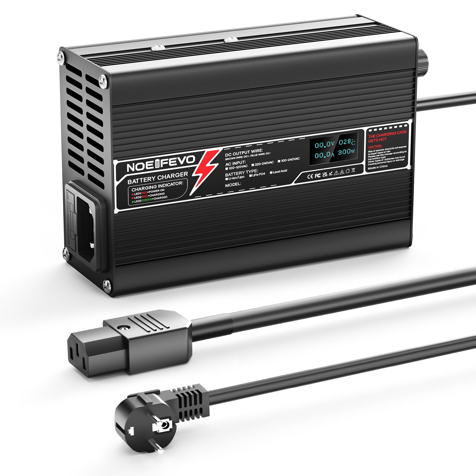 NOEIFEVO 46.2V 4A Carregador de Lítio para Baterias 11S 40.7V Li-Ion Lipo, com Display LCD, Ventilador de Refrigeração, Desligamento Automático