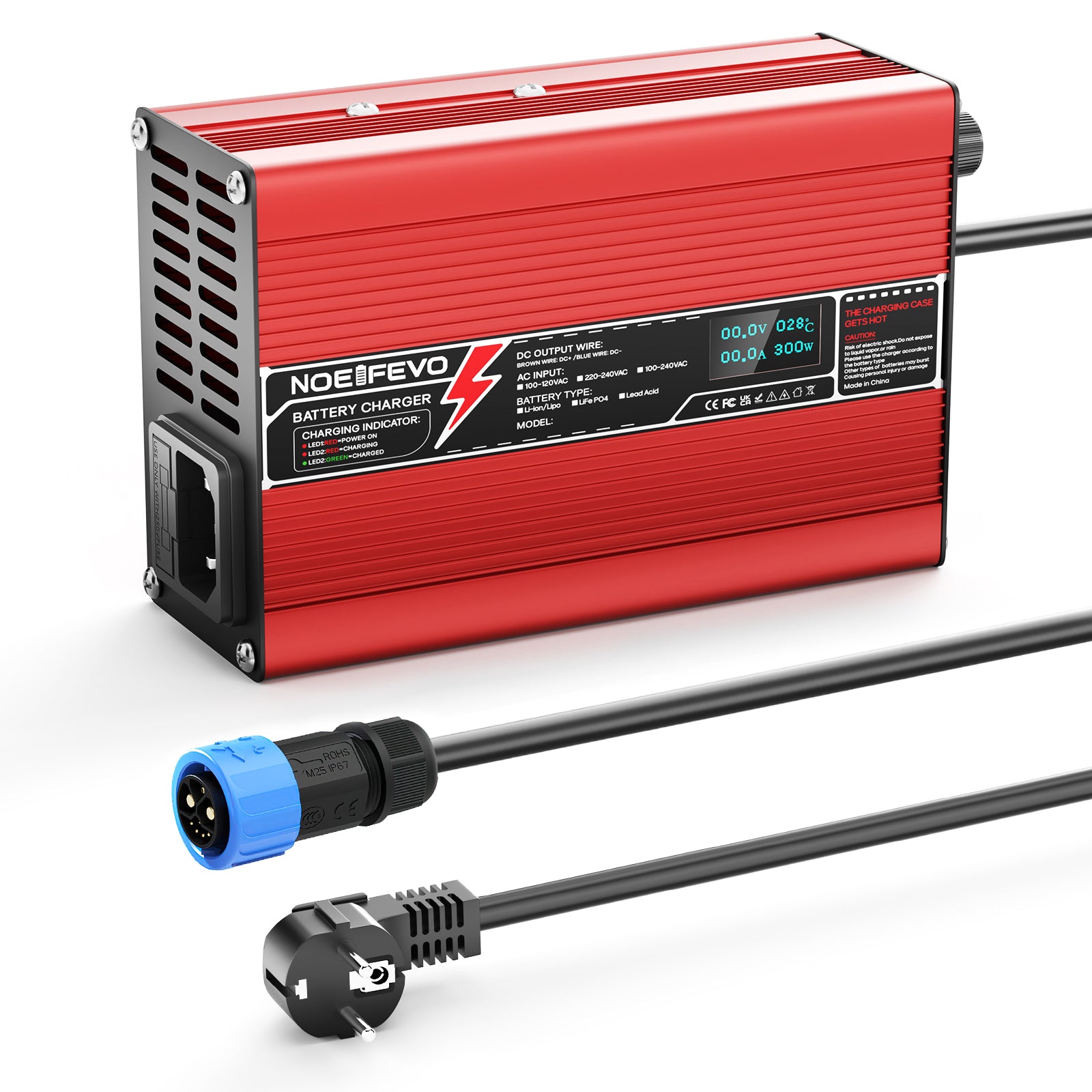 NOEIFEVO 27.6V-29.4V 5A Loodzuur Batterijlader voor 24V Loodzuurbatterij, Koelventilator, Automatische Uitschakeling (ROOD).