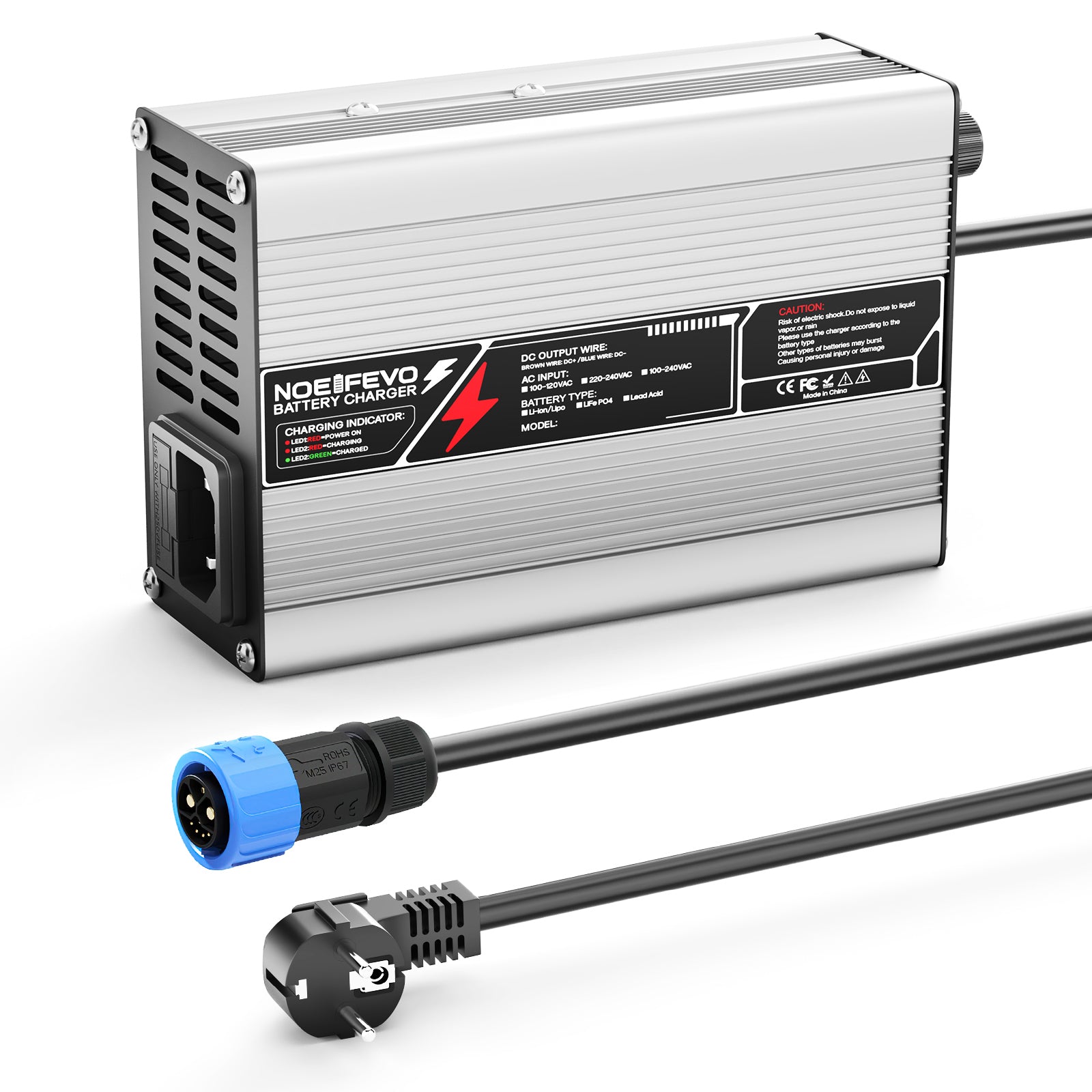 NOEIFEVO מטען ליתיום 42V 2A 3A 3.5A 4A עבור סוללות Li-Ion Lipo 10S 37V, מאורר קירור, כיבוי אוטומטי