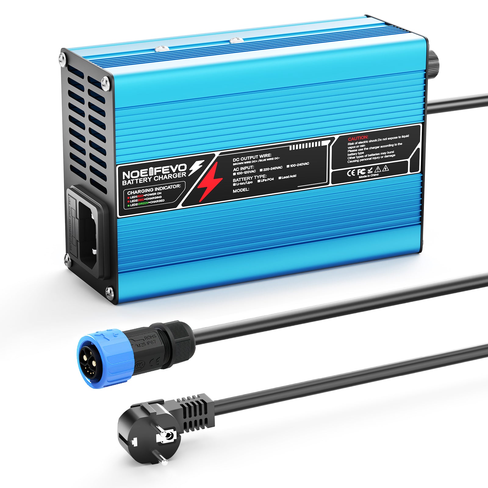 NOEIFEVO 16.8V 10A Carregador de Lítio para Baterias Li-Ion Lipo 4S 14.8V, Ventilador de Resfriamento, Desligamento Automático (AZUL)