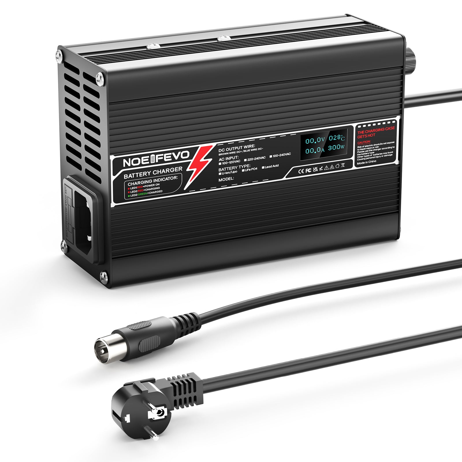 נטען ליתיום NOEIFEVO 75.6V 4A לסוללת Li-Ionen Lipo 18S 66.6V לאופניים חשמליים וסקוטר, תצוגת LED, גוף אלומיניום.