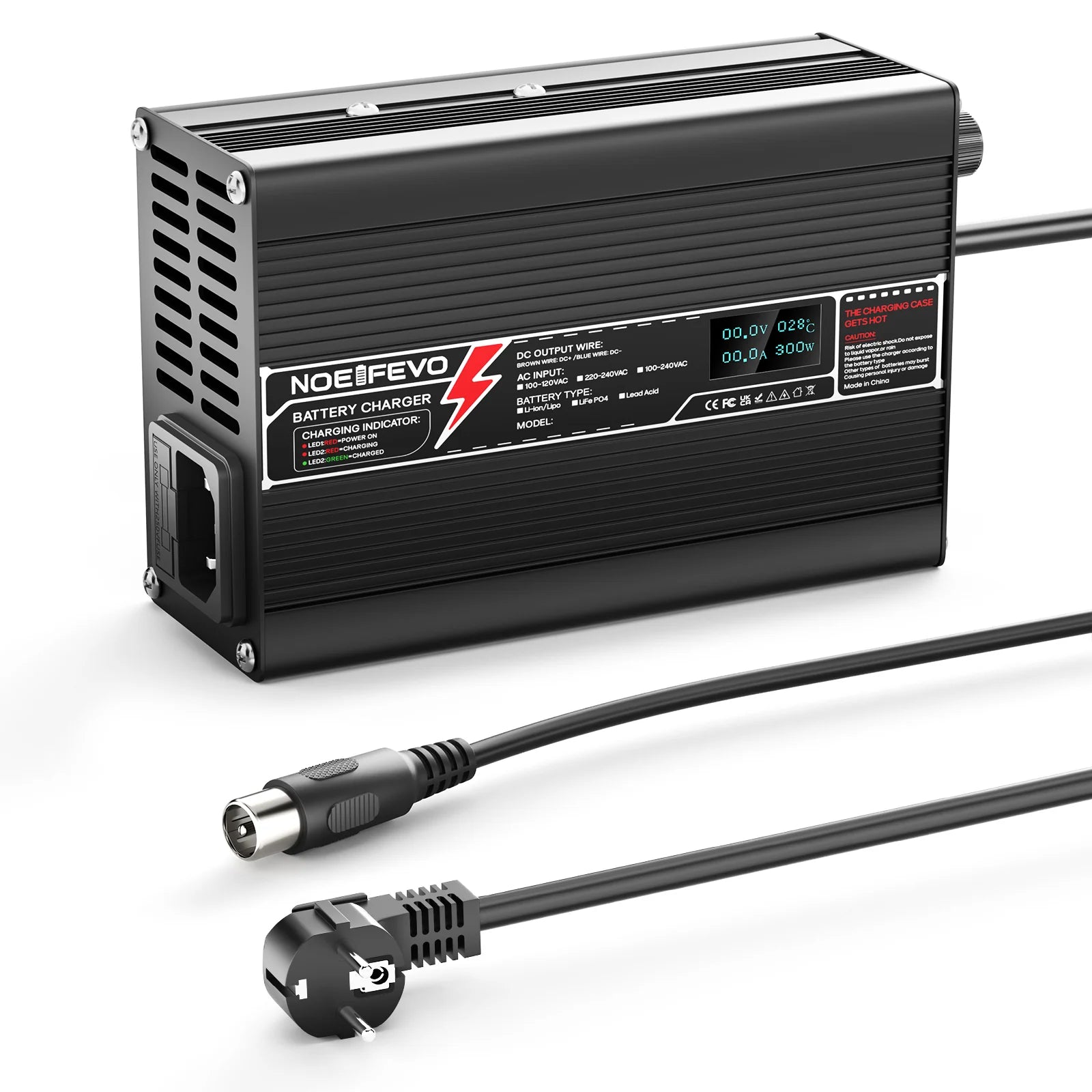 NOEIFEVO 14.6V 10A LiFePO4 Batterie-Ladegerät für 4S 12V 12.8V LiFePO4 Batterie, mit LCD-Anzeige, Kühlventilator, automatischer Abschaltung