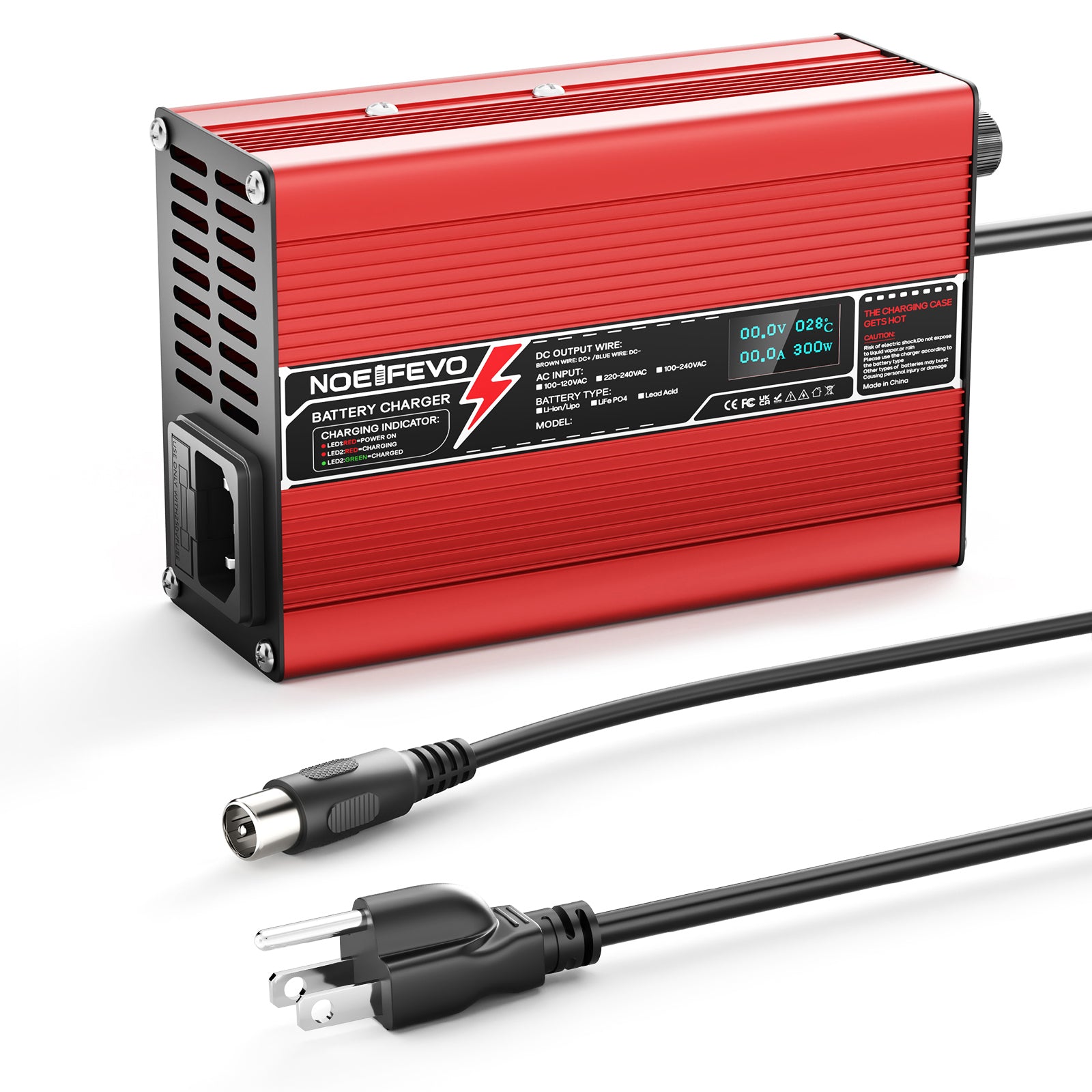 NOEIFEVO 50.4V 2A 2.5A 3A Lithium-lader til 12S 44.4V Li-Ion Lipo-batterier, med køleventilator, automatisk slukning (RØD)