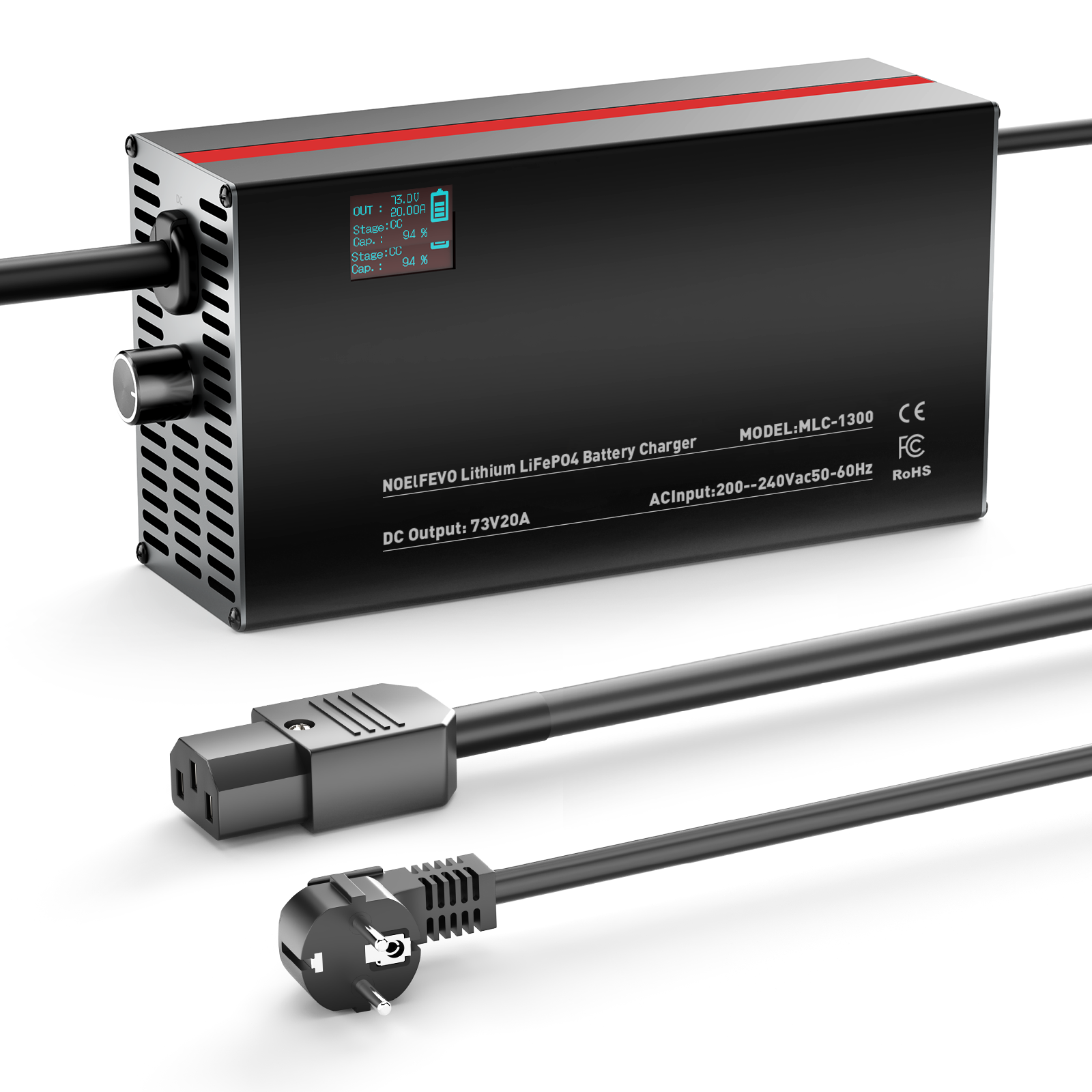 NOEIFEVO 73V 2-20A Lithium-LiFePO4-accu-oplader voor 60V 64V 20S LiFePO4-accu, LCD-display, instelbare stroom, oplader voor trollingmotor, boot en campers