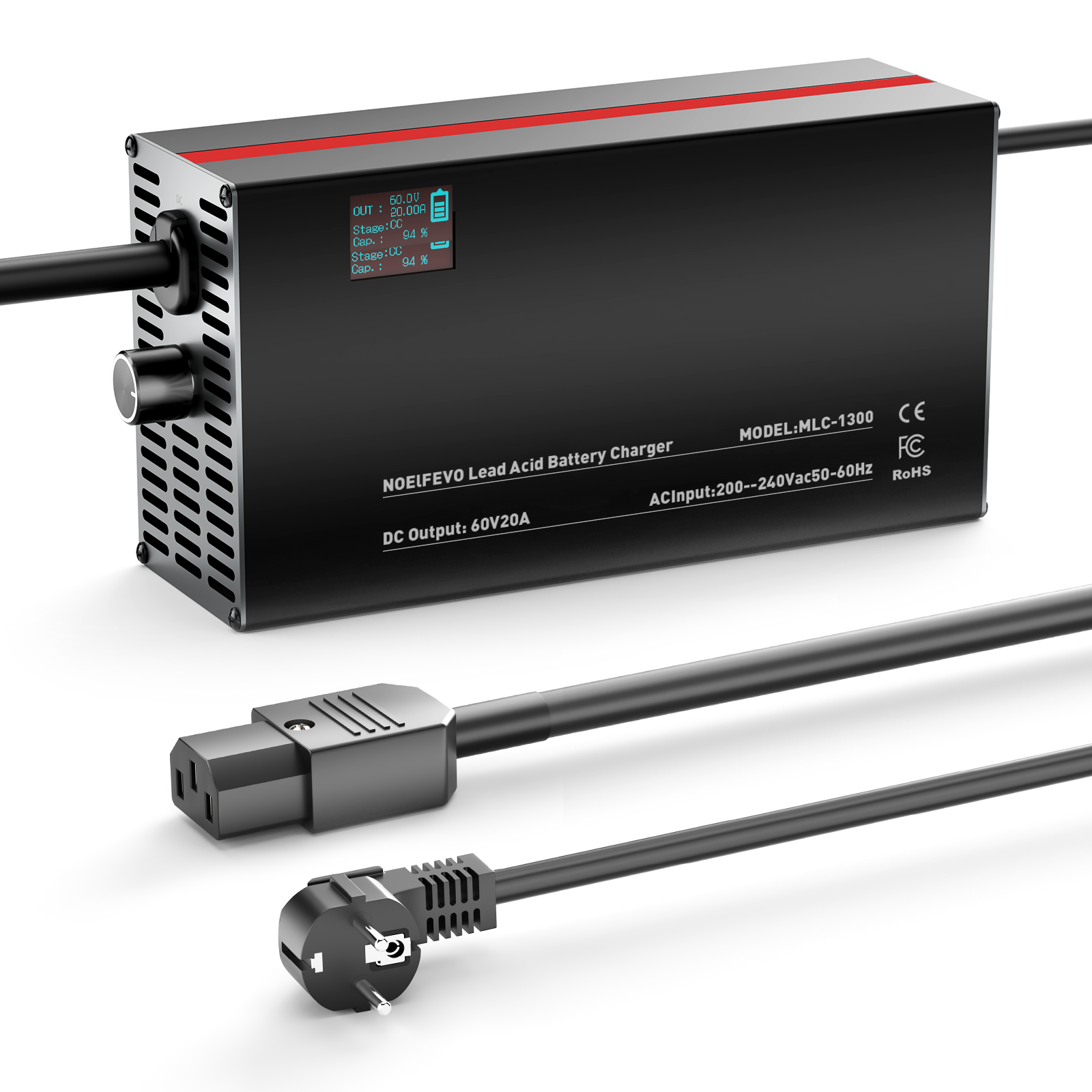 NOEIFEVO 48V 2A-20A Strøm Justerbart Batterioplader til Blysyre Batterier, AGM, Gel, Golfvogn Batterioplader, LED-Display