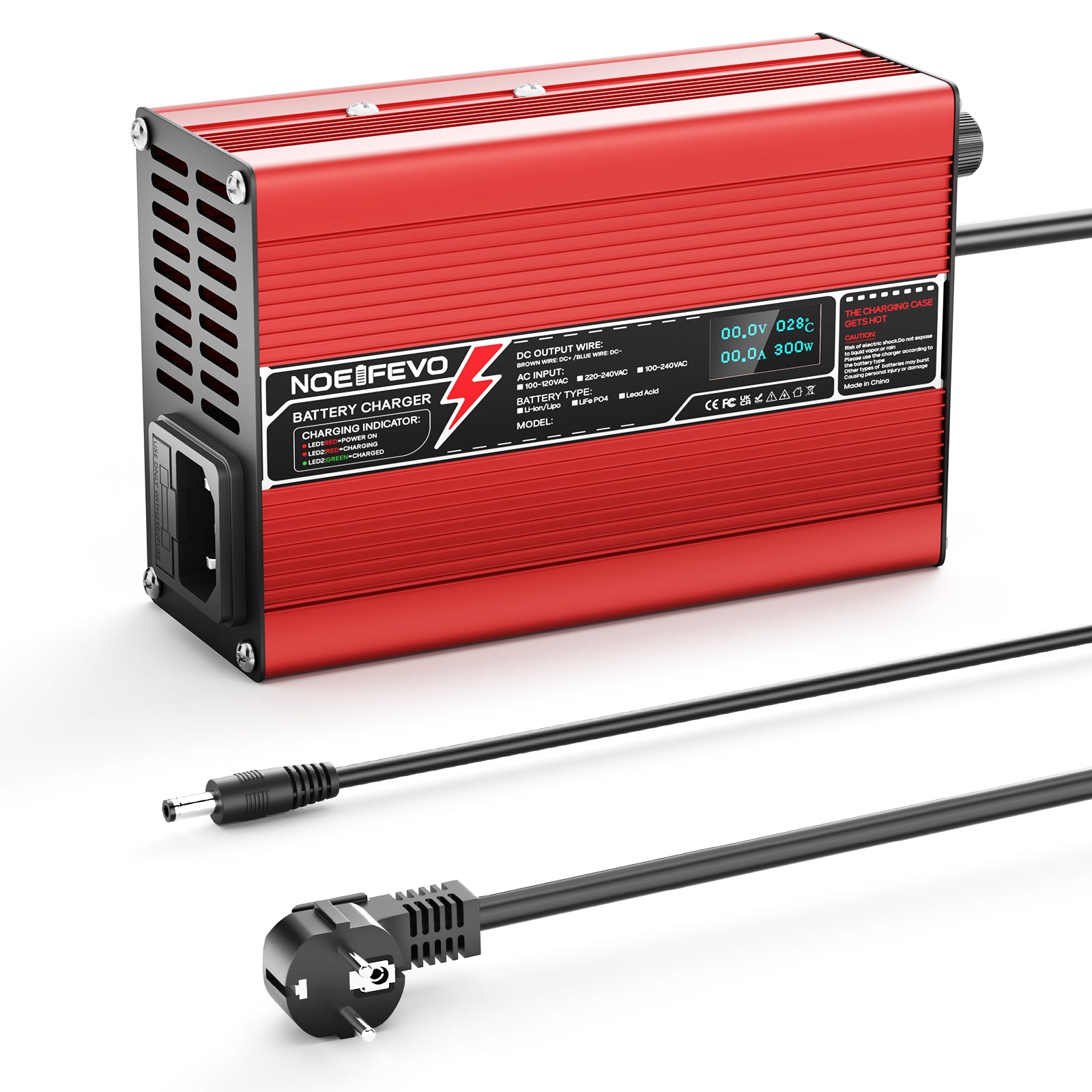 NOEIFEVO 42V 2A 3A 3.5A 4A  Lithium-lader til 10S 37V Li-Ion Lipo-batterier, med køleventilator, automatisk slukning (RØD)