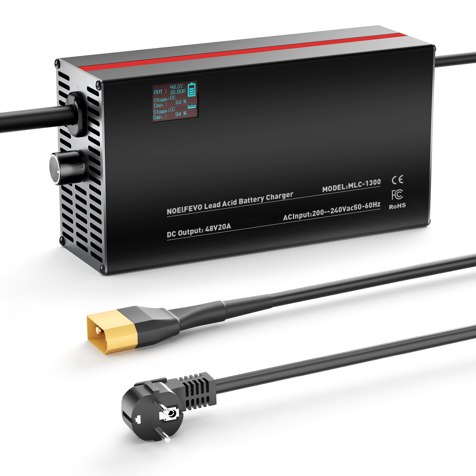 NOEIFEVO 48V 2A-20A Strøm Justerbart Batterioplader til Blysyre Batterier, AGM, Gel, Golfvogn Batterioplader, LED-Display