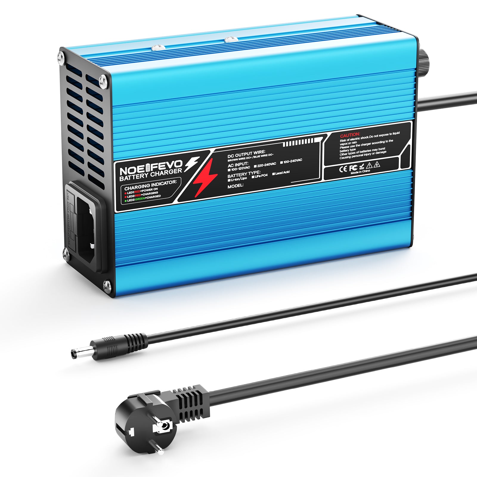 NOEIFEVO 58.8V 2A 2.5A 3A Li-ion nabíjačka pre 14S 51.8V Li-Ion Lipo batérie, chladicí ventilátor, automatické vypnutie (MODRÁ)