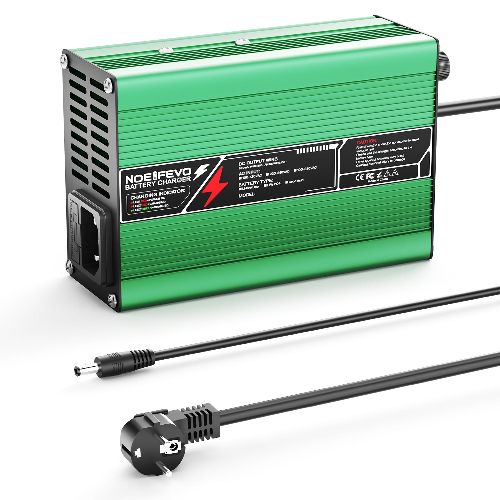 NOEIFEVO 36.5V 2A 3A 3.5A 4A Cargador de Batería LiFePO4 para Baterías 10S 32V LiFePO4, Apagado Automático (VERDE)
