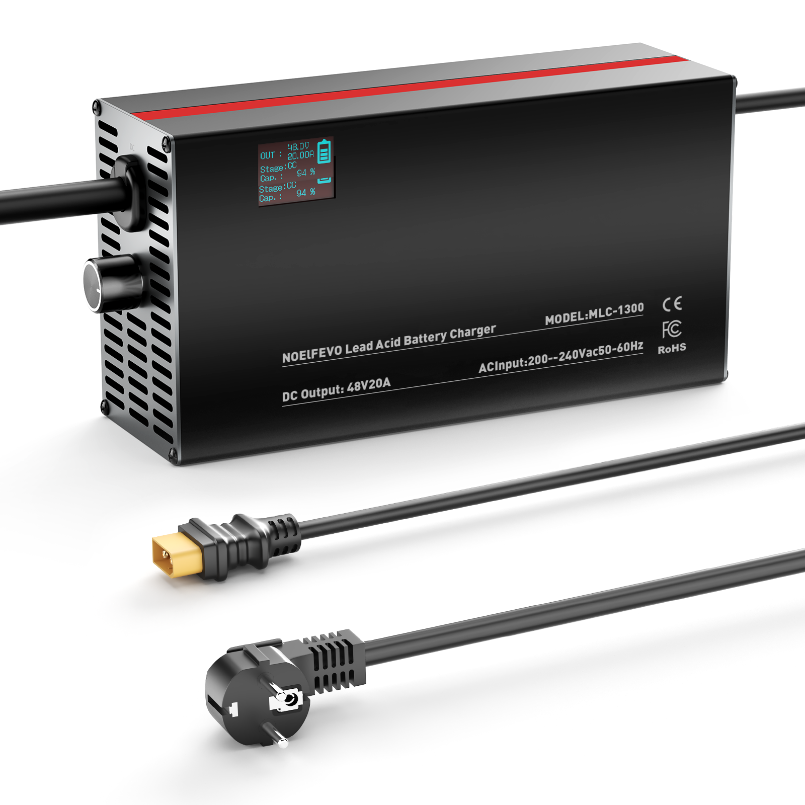 NOEIFEVO 48V 2A-20A Strøm Justerbart Batterioplader til Blysyre Batterier, AGM, Gel, Golfvogn Batterioplader, LED-Display