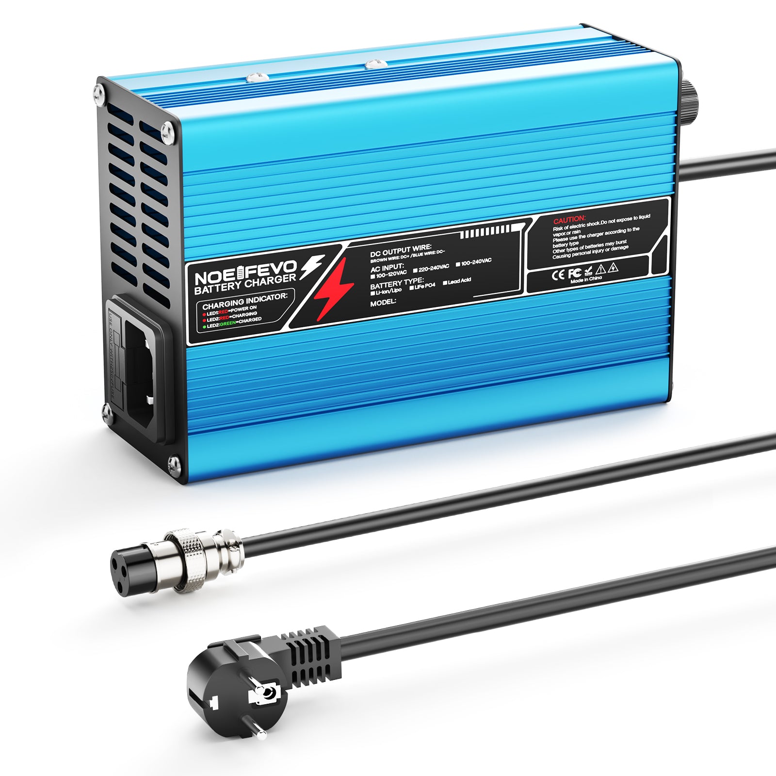 NOEIFEVO 16.8V 10A Carregador de Lítio para Baterias Li-Ion Lipo 4S 14.8V, Ventilador de Resfriamento, Desligamento Automático (AZUL)