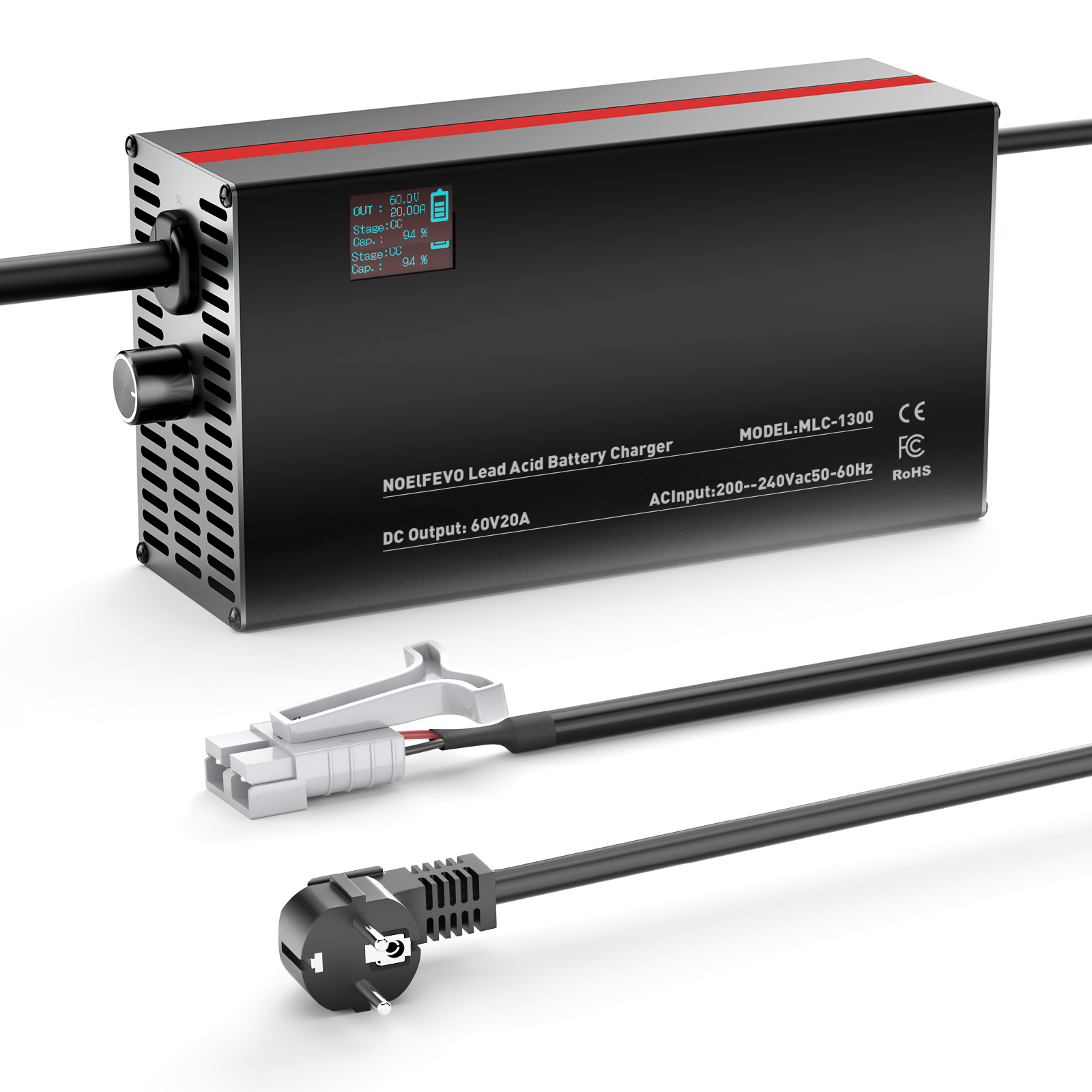 NOEIFEVO 48V 2A-20A Strøm Justerbart Batterioplader til Blysyre Batterier, AGM, Gel, Golfvogn Batterioplader, LED-Display