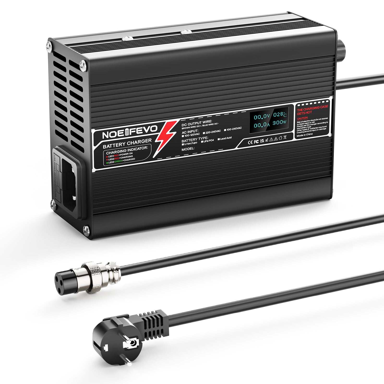 NOEIFEVO 33.6V 2A Lithium-Lader til 8S 29.6V Li-Ion Lipo-batterier, med LCD-display, køleventilator, automatisk slukning