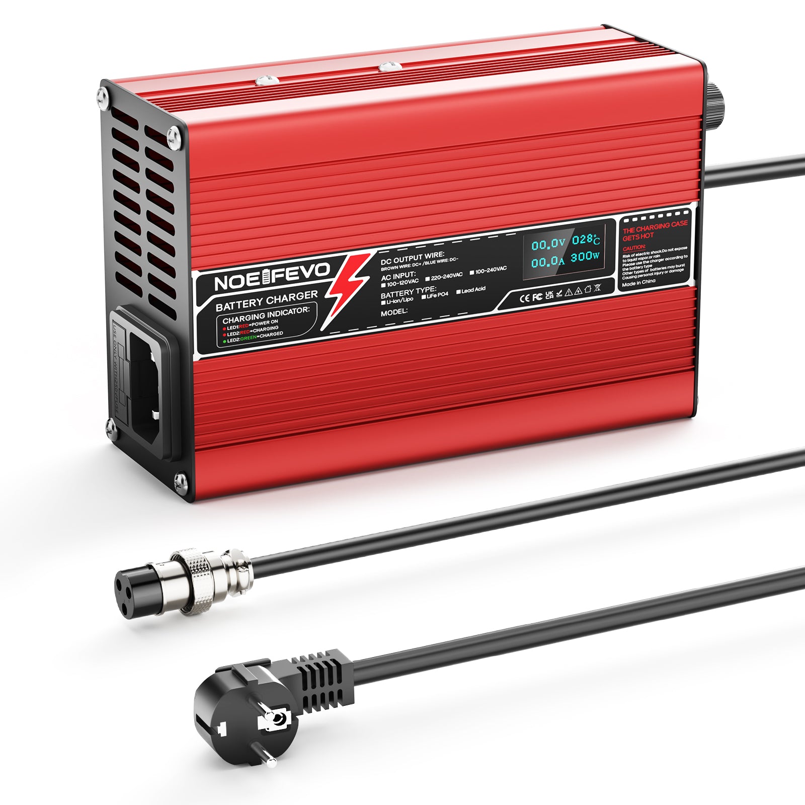 NOEIFEVO Cargador de litio 33.6V 2A 3A 4A 5A para baterías Li-Ion Lipo 8S 29.6V, con ventilador de refrigeración, apagado automático (ROJO)