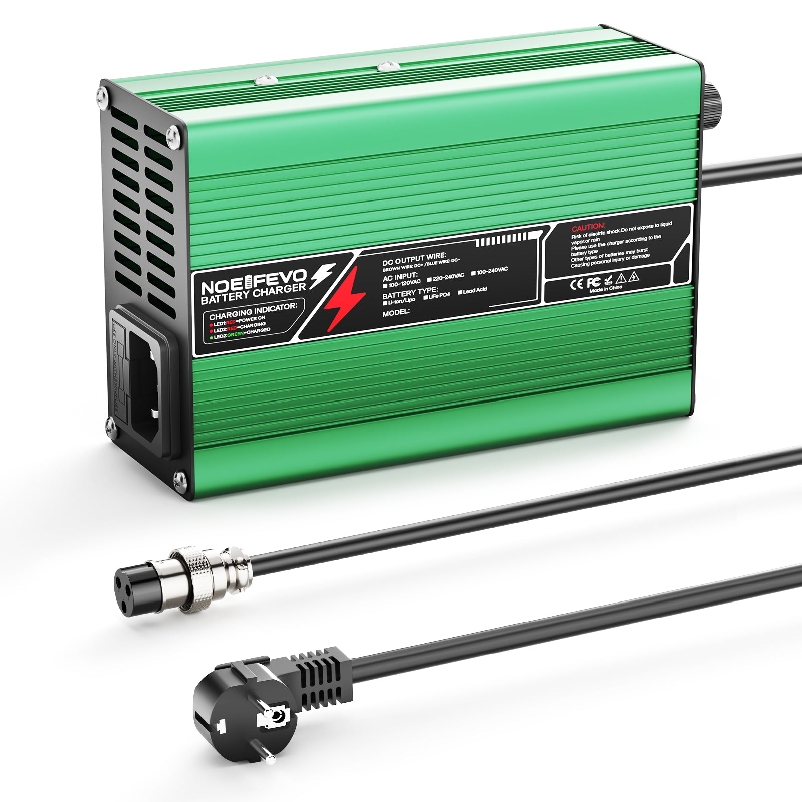 NOEIFEVO 37.8V  2A 3A 3.5A 4A מטען ליתיום עבור סוללות 9S 33.3V Li-Ion Lipo, מאוורר קירור, כיבוי אוטומטי (ירוק).
