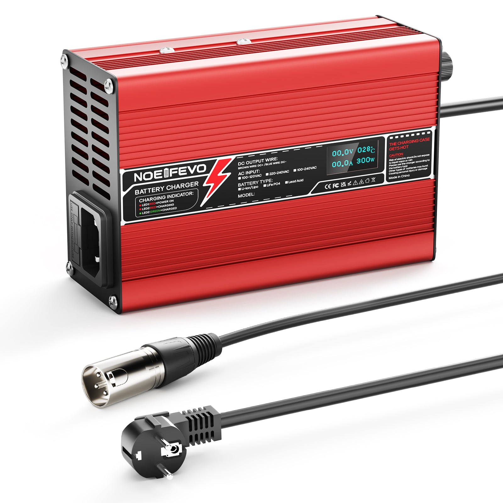 NOEIFEVO 50.4V 2A 2.5A 3A Cargador de Litio para baterías 12S 44.4V Li-Ion Lipo, con ventilador de refrigeración y apagado automático (ROJO)