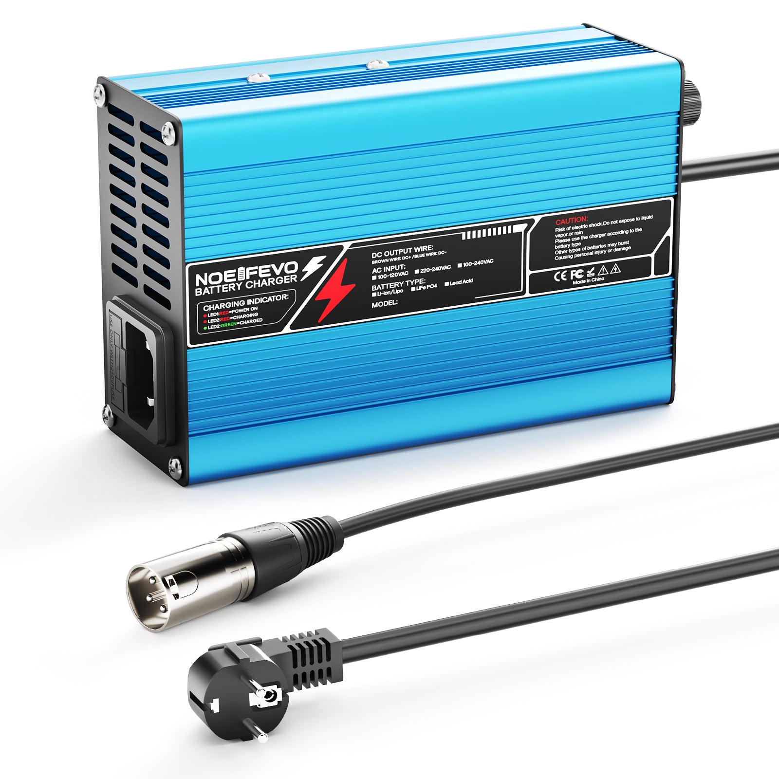 Cargador de litio NOEIFEVO 33.6V 2A 3A 4A 5A para baterías Li-Ion Lipo 8S 29.6V, ventilador de enfriamiento, apagado automático (AZUL)