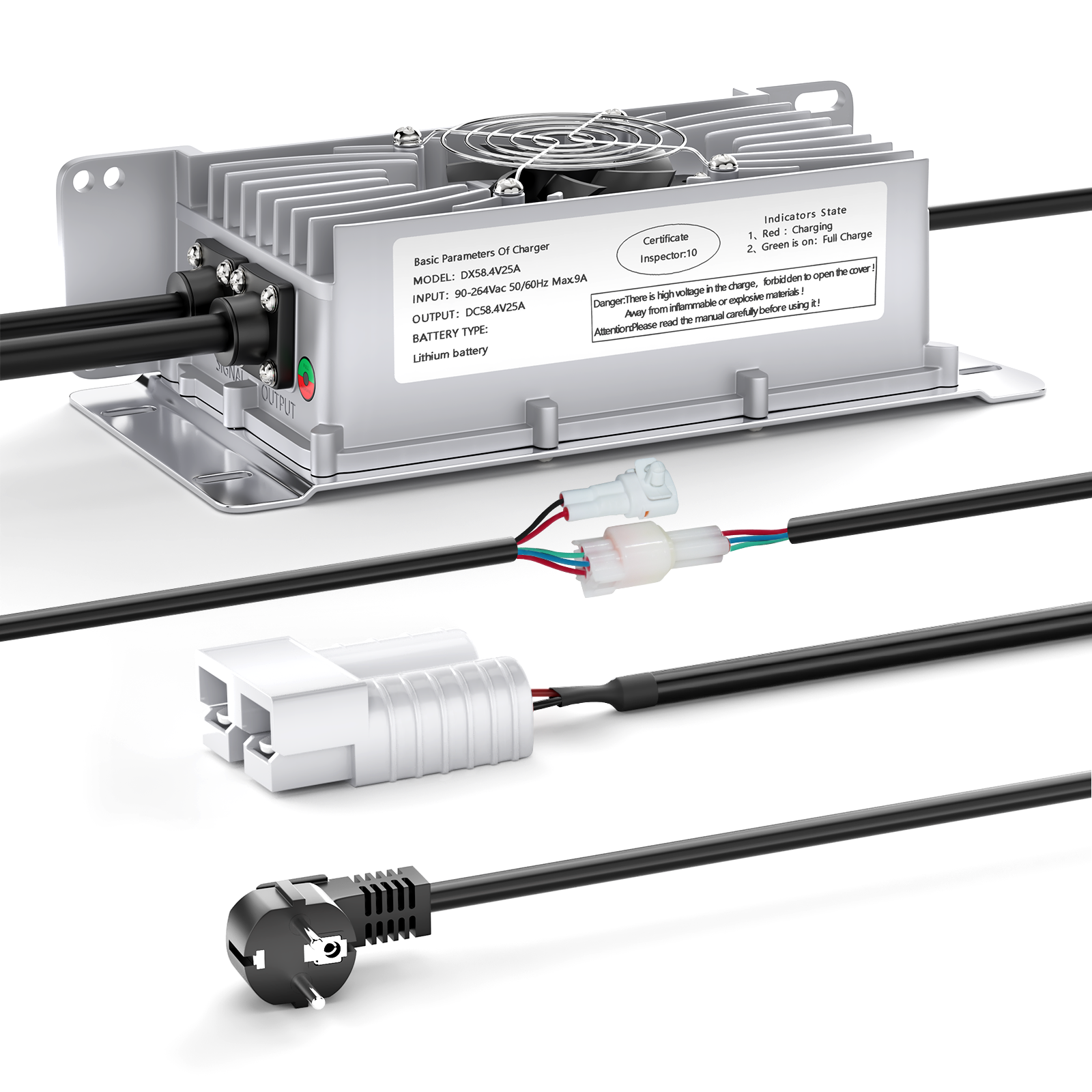 NOEIFEVO 48V 25A Lithium-Lifepo4 Batteriladdare, 58,4V Laddningsspänning för 48V (51,2V) 16S Batteri, Vattentät, 0V BMS Aktivering, med Låskabel för Elektriska Fordon, E-cyklar och Golfbilar